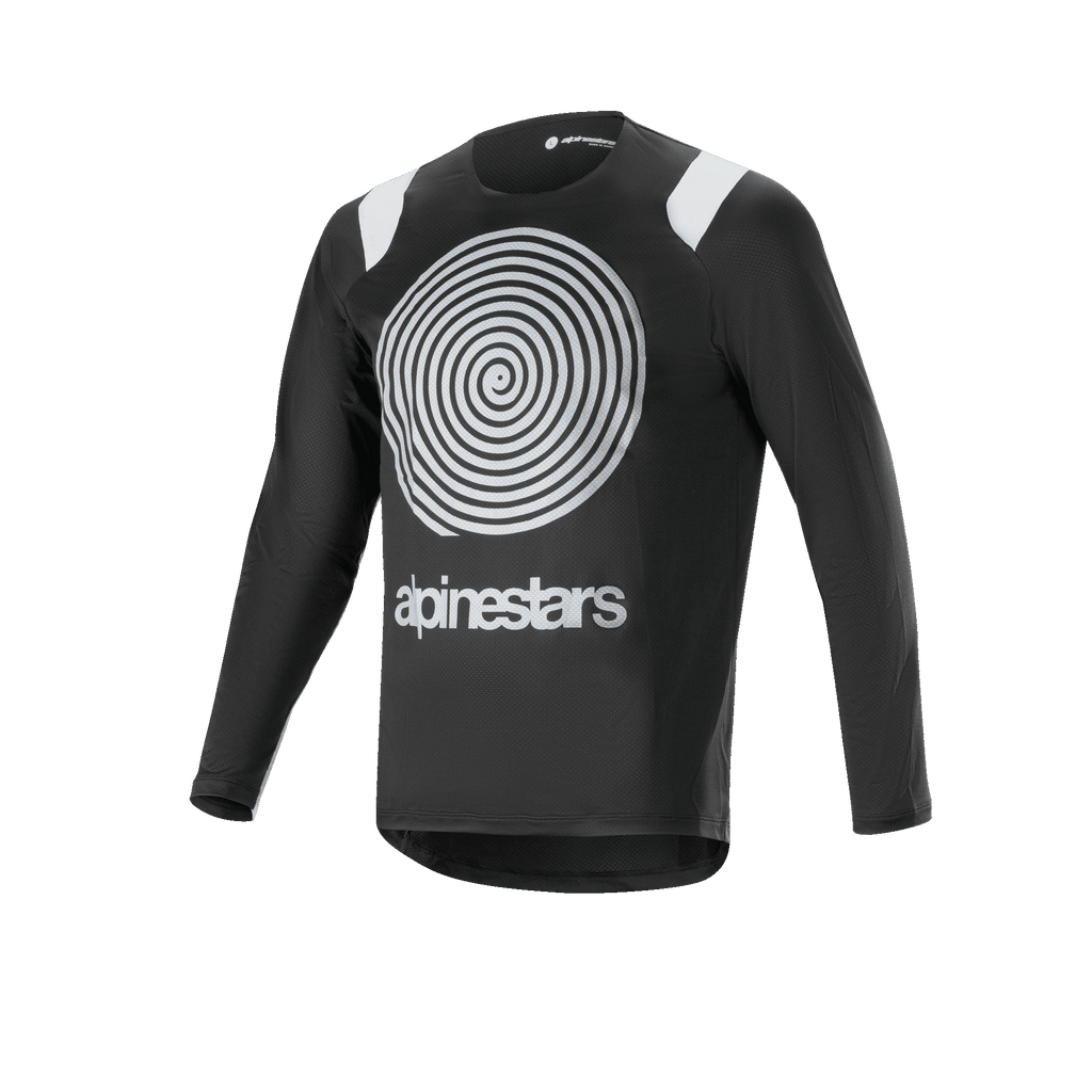 Camisola Alpinestars A-Supra Oscar de Manga Comprida, camisola de ciclismo preta, com um grande grafismo em espiral Oscar branco no peito, detalhes brancos nos ombros, logótipo Alpinestars, leve e respirável para MTB gravity