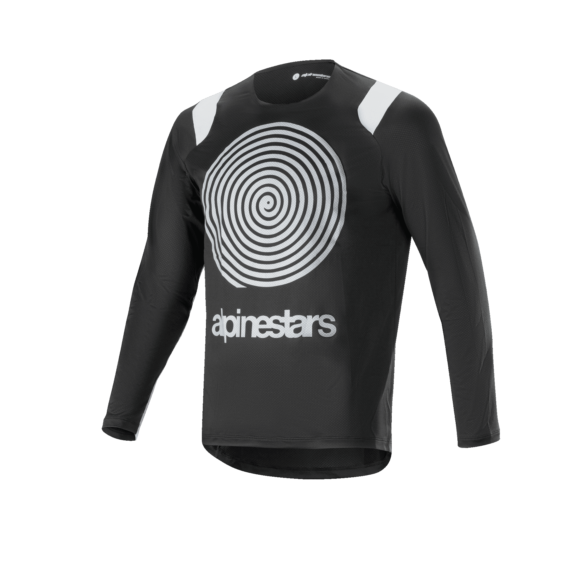 Camisola Alpinestars A-Supra Oscar de Manga Comprida, camisola de ciclismo preta, com um grande grafismo em espiral Oscar branco no peito, detalhes brancos nos ombros, logótipo Alpinestars, leve e respirável para MTB gravity