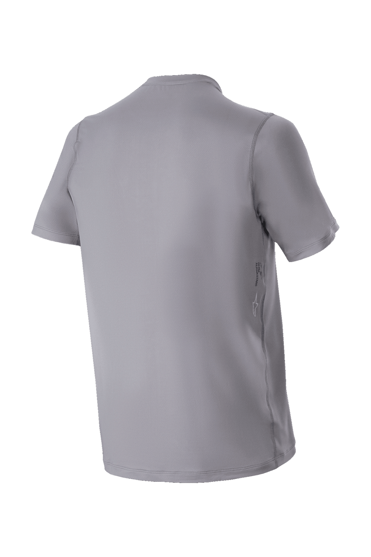 Camisola de Manga Curta Alpinestars A-Dura Astar, cinzento escuro, vista traseira da camisola de BTT, com parte traseira mais comprida e marca lateral discreta, textura em jacquard para performance em ciclismo
