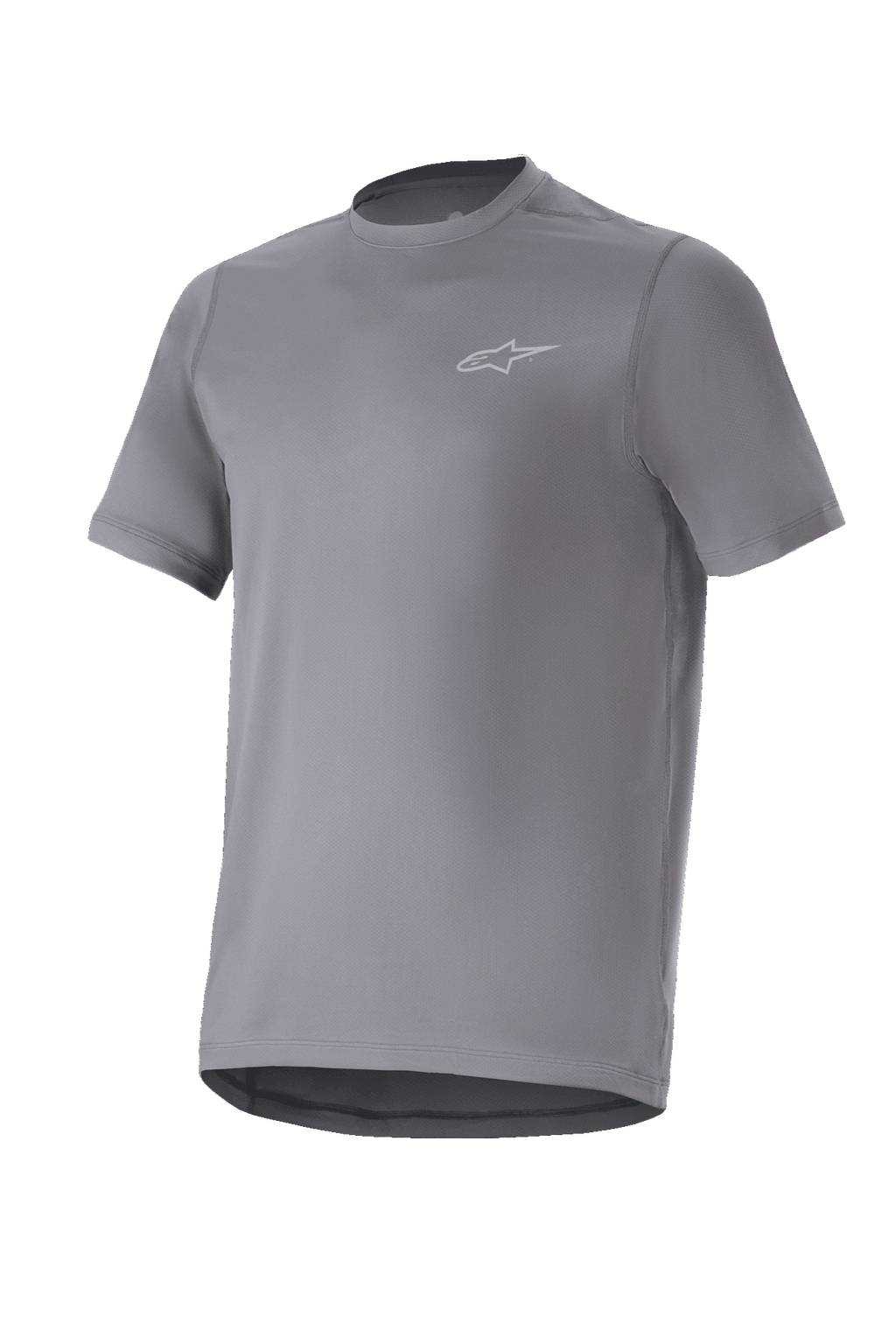 Alpinestars A-Dura Astar Jersey, camisola de manga curta de BTT, cinza escuro, pequeno logótipo prateado no peito, gola redonda e cauda alongada, tecido de performance com absorção de humidade, trilhos de BTT