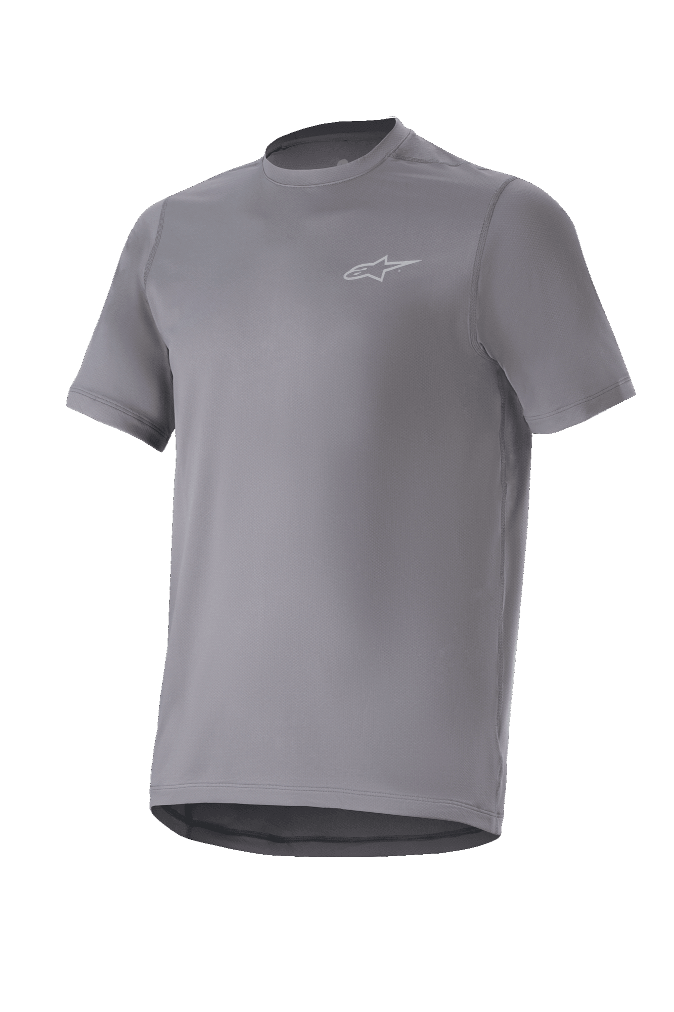 Alpinestars A-Dura Astar Jersey, Short Sleeve Mountain Bike Jersey, Dark Gray, featuring a small silver logo on the chest, crew neck and drop tail, moisture-wicking performance fabric, MTB trail riding