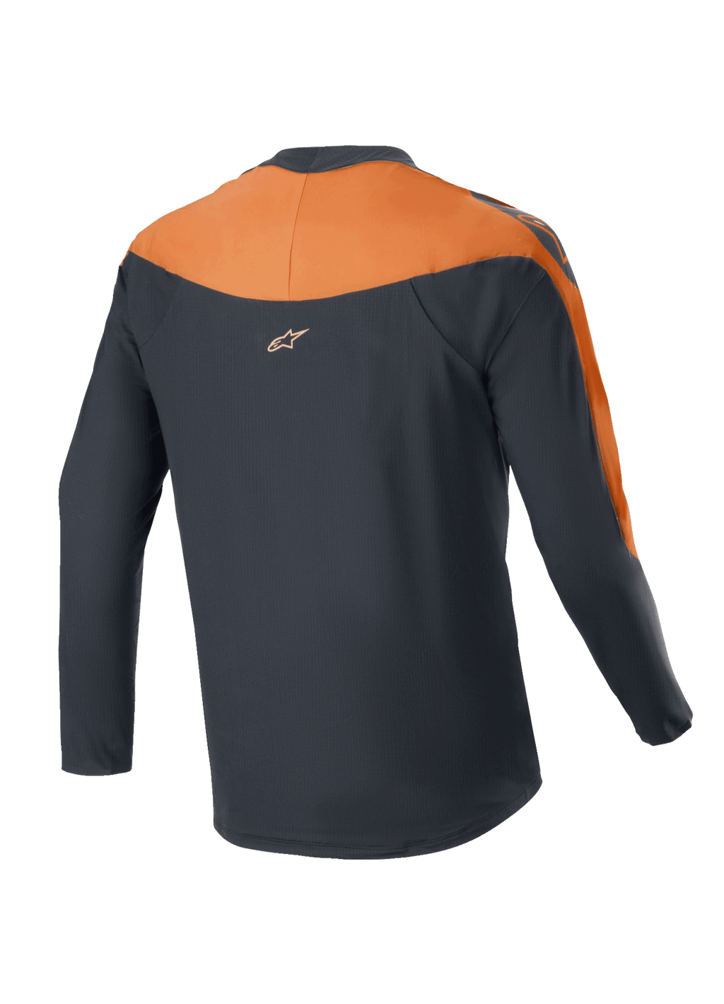 Alpinestars A-Supra Race Jersey - Manga Comprida, camisola de MTB, preta e cor-de-laranja, vista traseira mostrando os painéis cor-de-laranja nos ombros e mangas, pequeno logótipo Alpinestars na parte superior das costas, design com cauda mais longa para cobertura em ciclismo