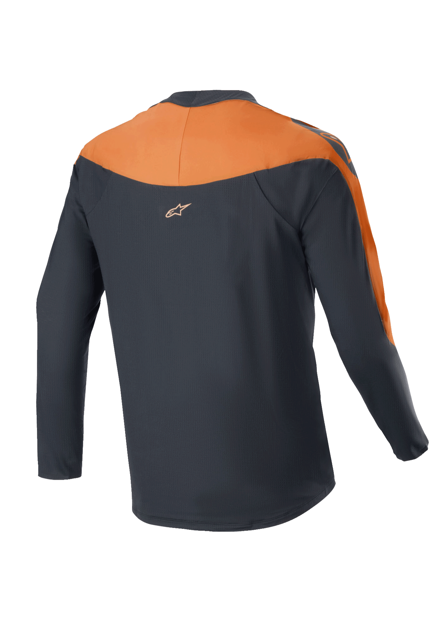 Alpinestars A-Supra Race Jersey - Manga Comprida, camisola de MTB, preta e cor-de-laranja, vista traseira mostrando os painéis cor-de-laranja nos ombros e mangas, pequeno logótipo Alpinestars na parte superior das costas, design com cauda mais longa para cobertura em ciclismo