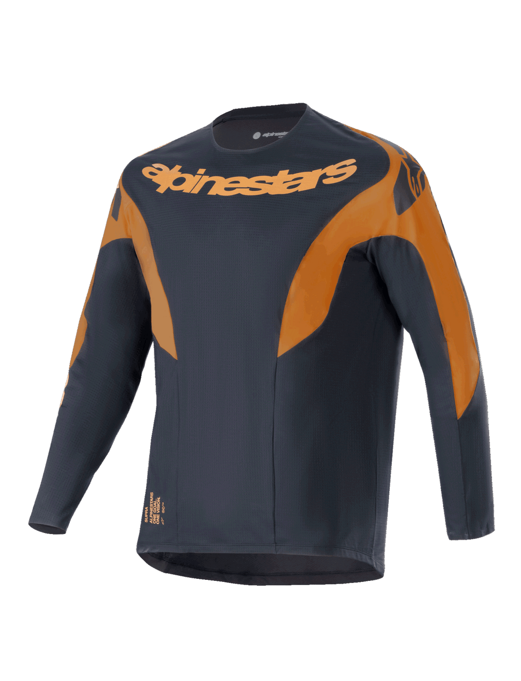 Alpinestars A-Supra Race Jersey, camisola de MTB de manga comprida, preta com detalhes em laranja, logótipo Alpinestars em destaque no peito e ombros, tecido de poliéster microperfurado, design inspirado em corridas