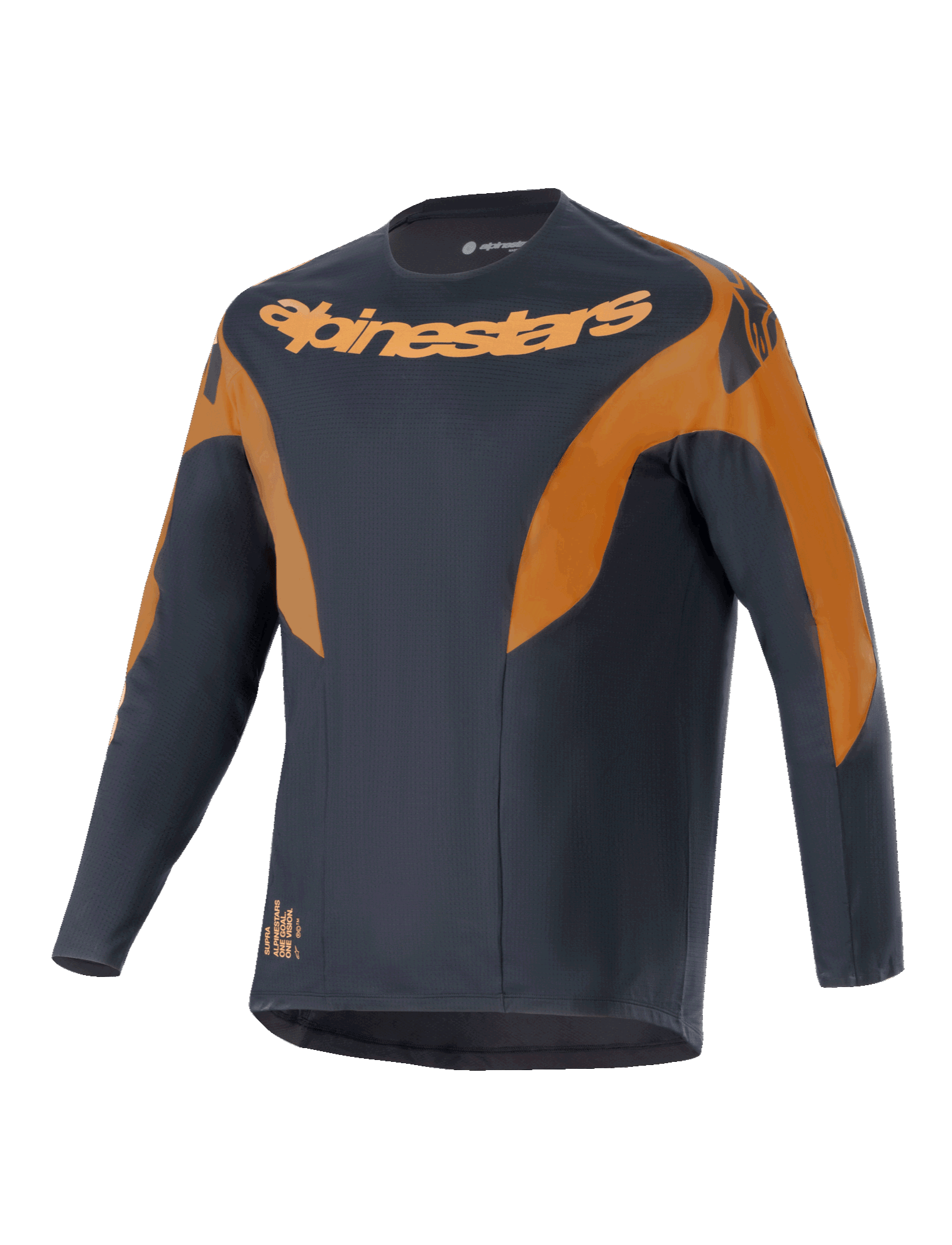 Alpinestars A-Supra Race Jersey, camisola de MTB de manga comprida, preta com detalhes em laranja, logótipo Alpinestars em destaque no peito e ombros, tecido de poliéster microperfurado, design inspirado em corridas