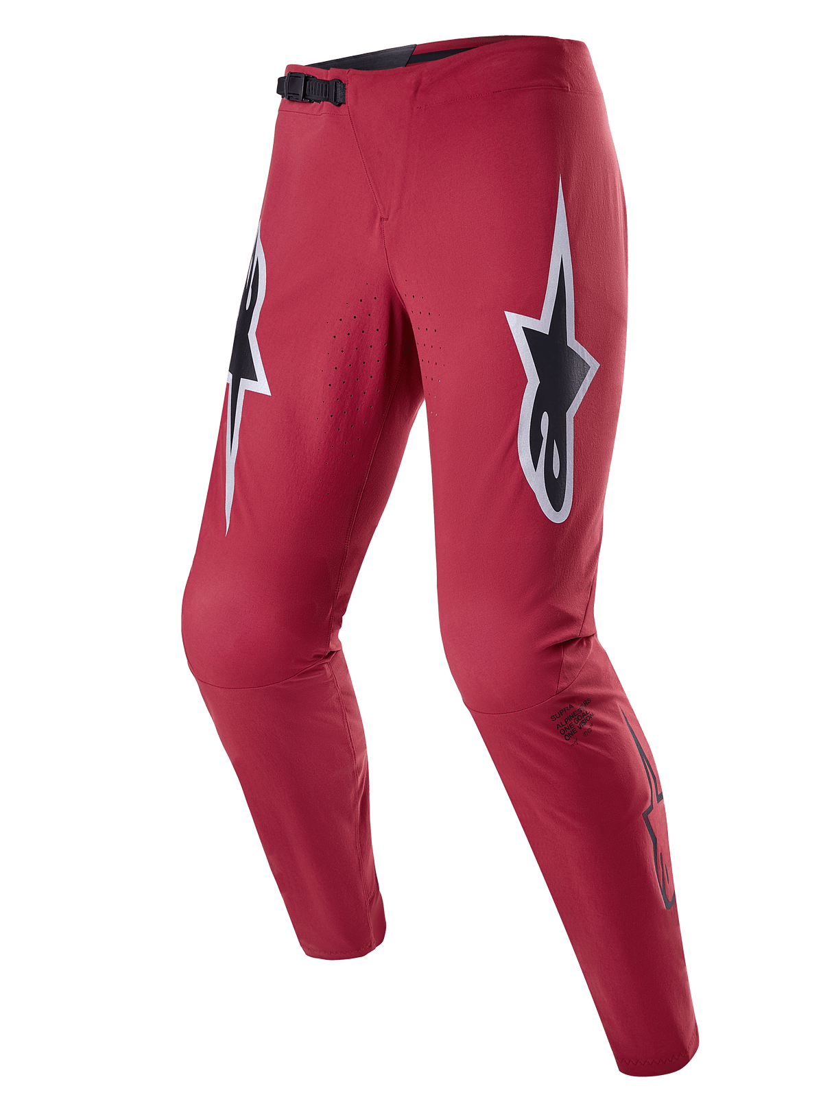 Alpinestars A-Supra Race Pants, calças de corrida de MTB, cor Borgonha com grandes logótipos de estrela em branco e preto nas coxas, ventilação perfurada a laser, fecho de catraca preto na cintura e corte de performance afunilado para BTT