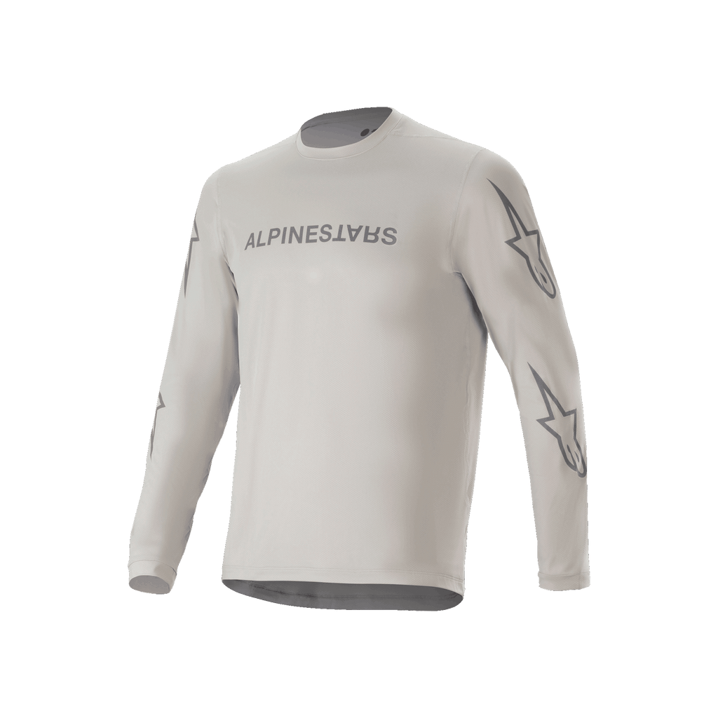 Alpinestars A-Dura Switch Long Sleeve Jersey, camisola de BTT de manga comprida, cinzenta clara, com logótipo no peito e estrelas nas mangas, vestuário de ciclismo de performance para trilhos