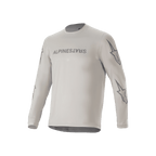 Alpinestars A-Dura Switch Long Sleeve Jersey, camisola de BTT de manga comprida, cinzenta clara, com logótipo no peito e estrelas nas mangas, vestuário de ciclismo de performance para trilhos