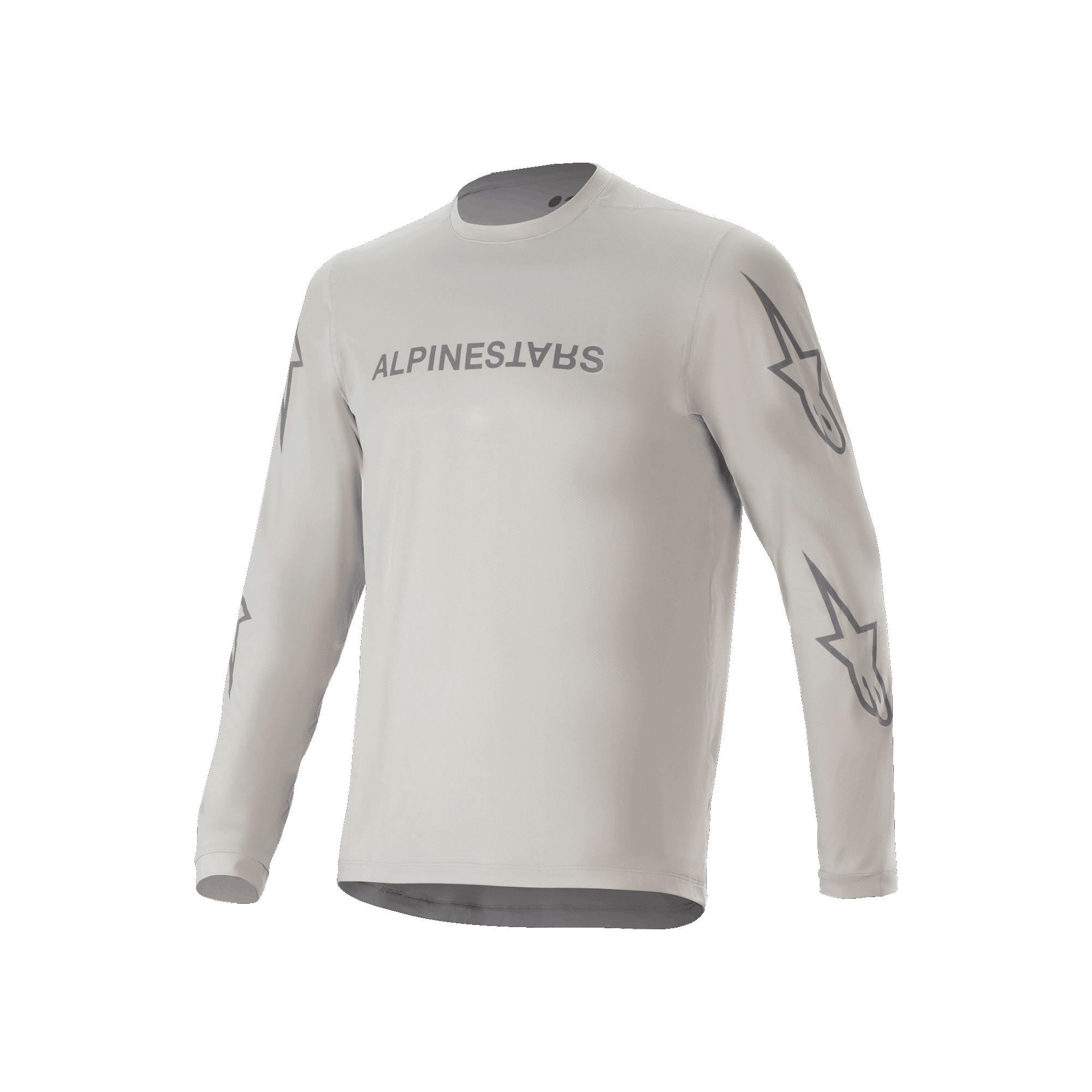 Alpinestars A-Dura Switch Long Sleeve Jersey, camisola de BTT de manga comprida, cinzenta clara, com logótipo no peito e estrelas nas mangas, vestuário de ciclismo de performance para trilhos