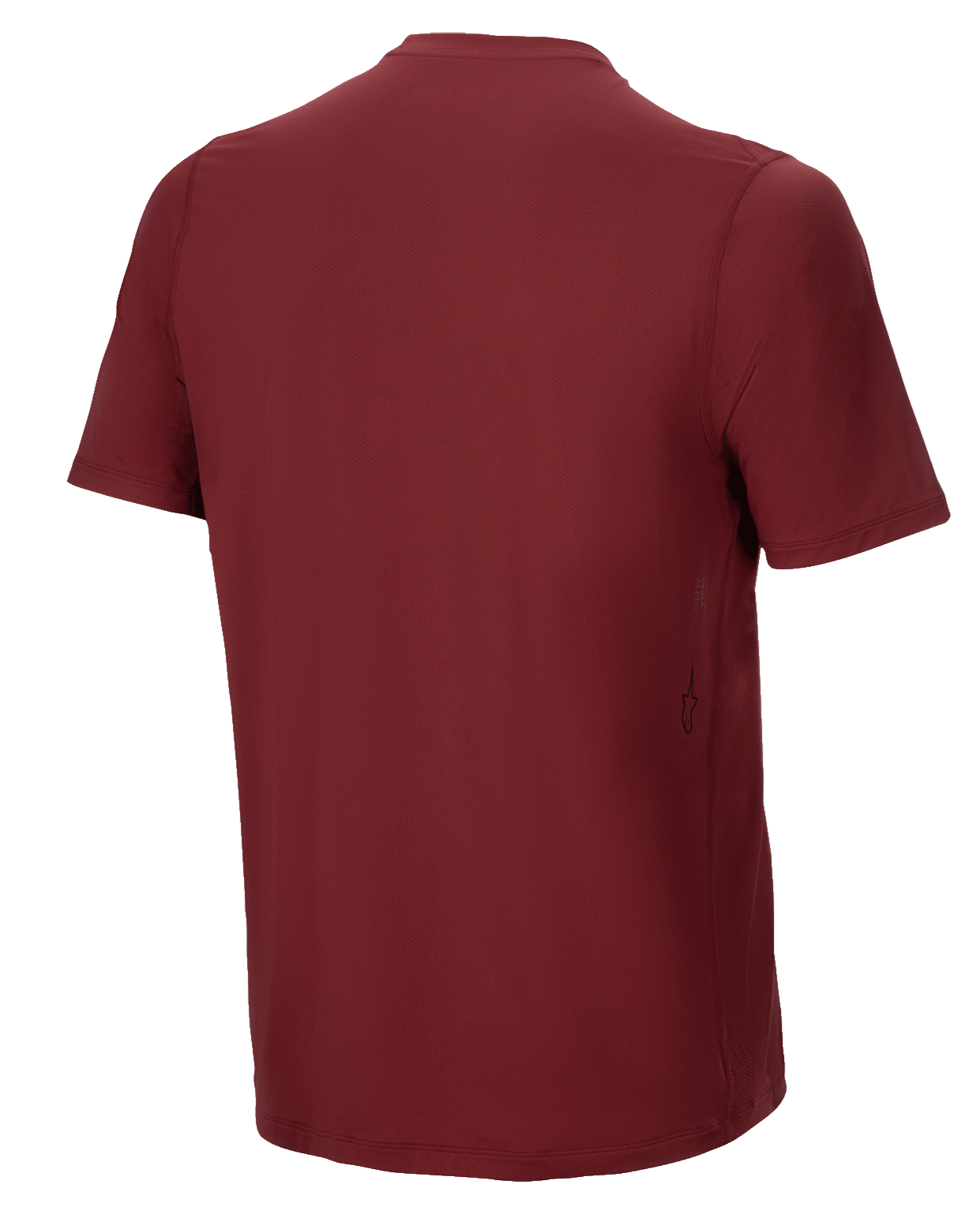 Alpinestars A-Dura Switch Short Sleeve Jersey, Borgonha, vista traseira, com bainha traseira alongada e pequeno logótipo vertical Alpinestars na lateral inferior, vestuário de alta performance para ciclismo MTB