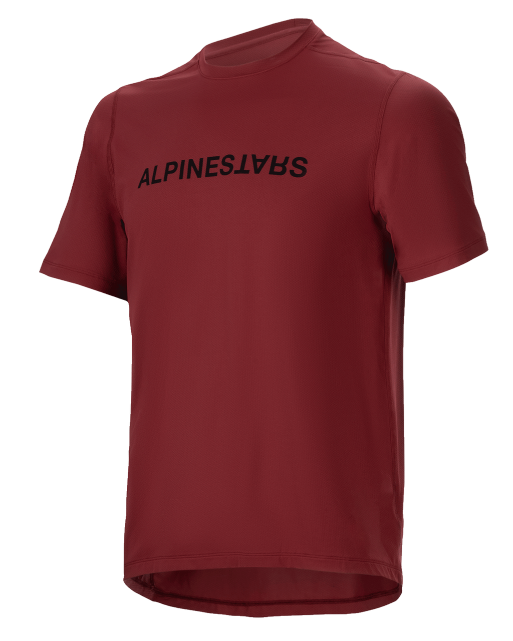Alpinestars A-Dura Switch Jersey, camisola de manga curta para BTT, cor bordeaux com logótipo preto no peito, tecido leve com absorção de humidade, gola redonda e cauda longa, concebida para ciclismo de montanha