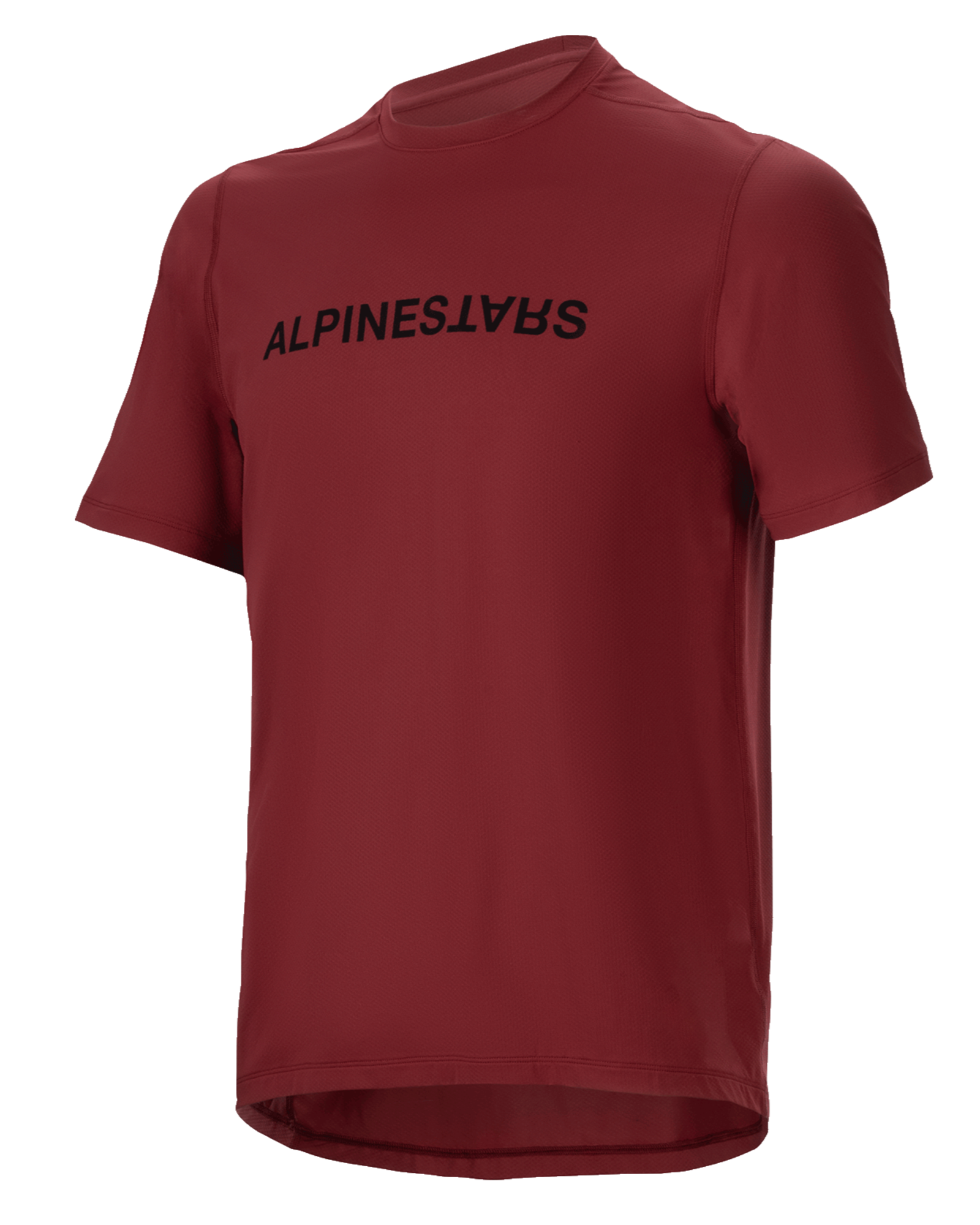 Alpinestars A-Dura Switch Jersey, camisola de manga curta para BTT, cor bordeaux com logótipo preto no peito, tecido leve com absorção de humidade, gola redonda e cauda longa, concebida para ciclismo de montanha