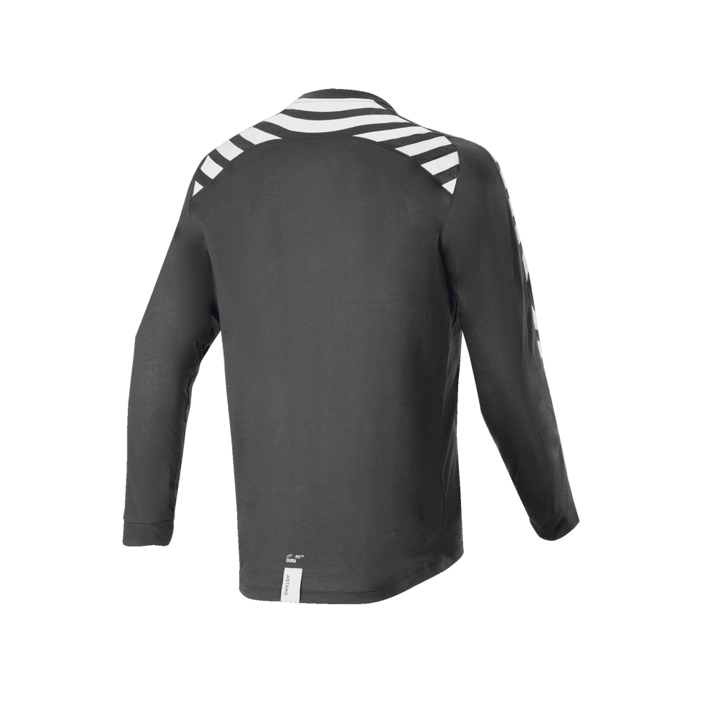 Alpinestars A-Dura Dri Oscar Long Sleeve Jersey, camisola de manga comprida, preto refletor, vista traseira com riscas refletoras brancas nos ombros e braços, tecido técnico reciclado drirelease, bainha traseira mais comprida para ciclismo off-road
