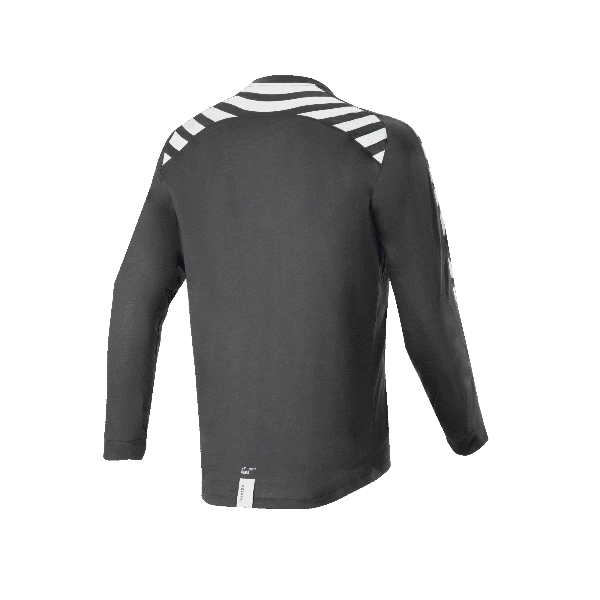Alpinestars A-Dura Dri Oscar Long Sleeve Jersey, camisola de manga comprida, preto refletor, vista traseira com riscas refletoras brancas nos ombros e braços, tecido técnico reciclado drirelease, bainha traseira mais comprida para ciclismo off-road