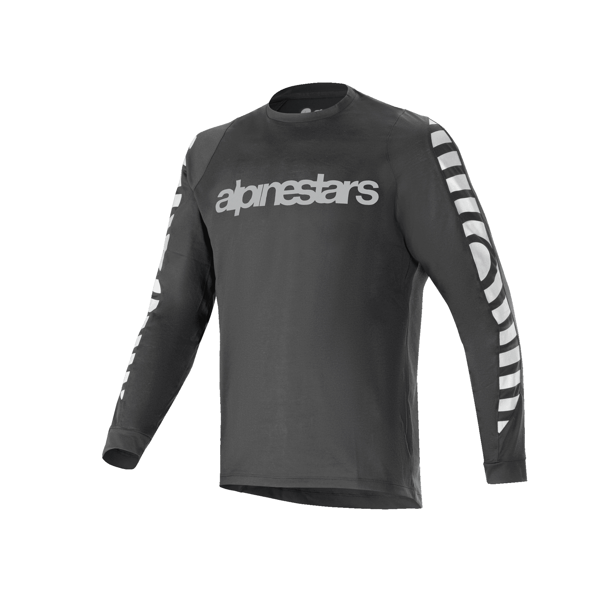 Camisola Alpinestars A-Dura Dri Oscar de manga comprida, camisola de ciclismo, preto refletor, com um grande logótipo prateado refletor no peito e padrões gráficos nas mangas, vestuário técnico de alta performance para BTT