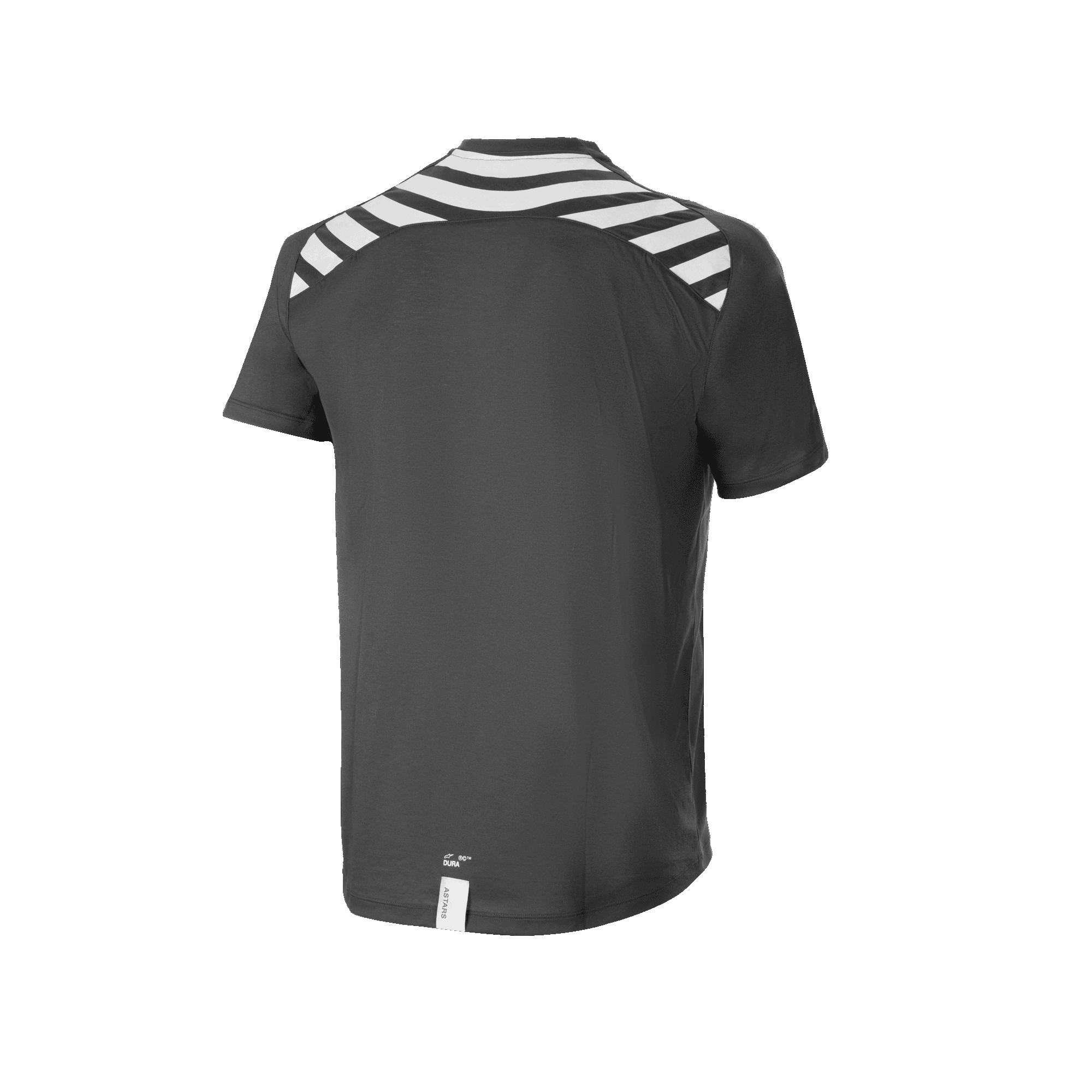 Alpinestars A-Dura Dri Oscar Short Sleeve Jersey, camisola de MTB, preto refletor, vista traseira com riscas diagonais brancas nos ombros e nas costas, bainha traseira mais comprida para maior cobertura ao pedalar