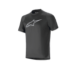 Alpinestars A-Dura Dri Oscar Jersey, camisola de manga curta, preta refletora, com um grande logótipo Alpinestars prateado e refletor no peito, camisola técnica de BTT com corte regular
