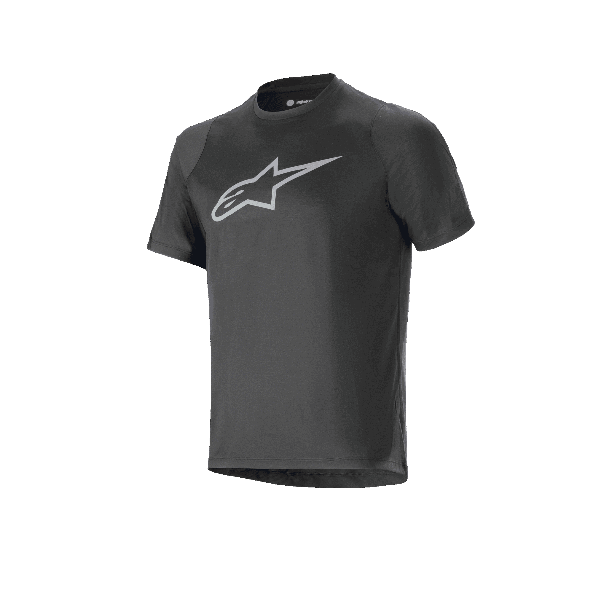 Alpinestars A-Dura Dri Oscar Jersey, camisola de manga curta, preta refletora, com um grande logótipo Alpinestars prateado e refletor no peito, camisola técnica de BTT com corte regular