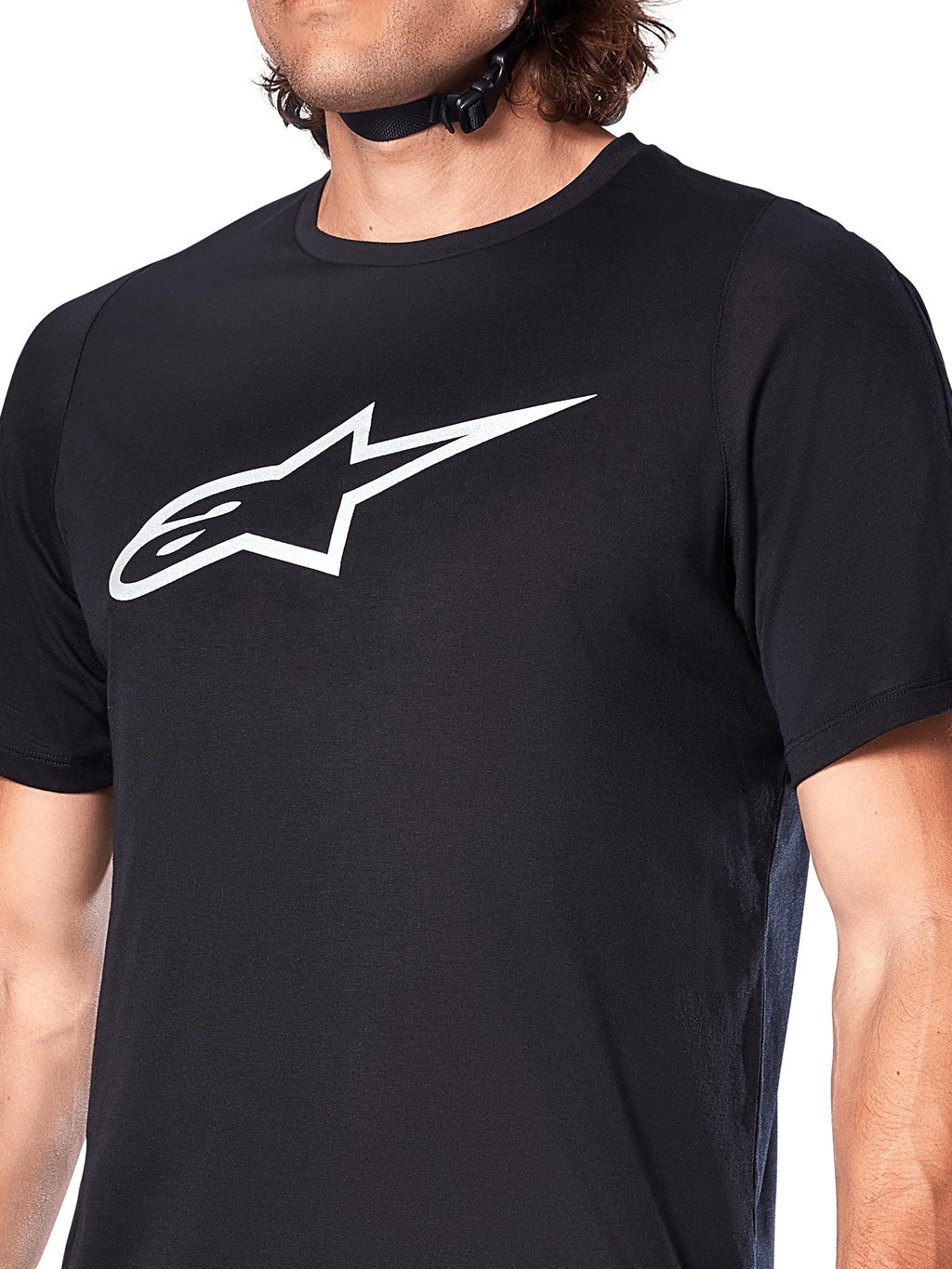 Alpinestars A-Dura Dri Oscar Jersey, camisola de MTB de manga curta, preto refletor, com um logótipo Alpinestars grande em branco no peito, tecido técnico de gestão de humidade para BTT