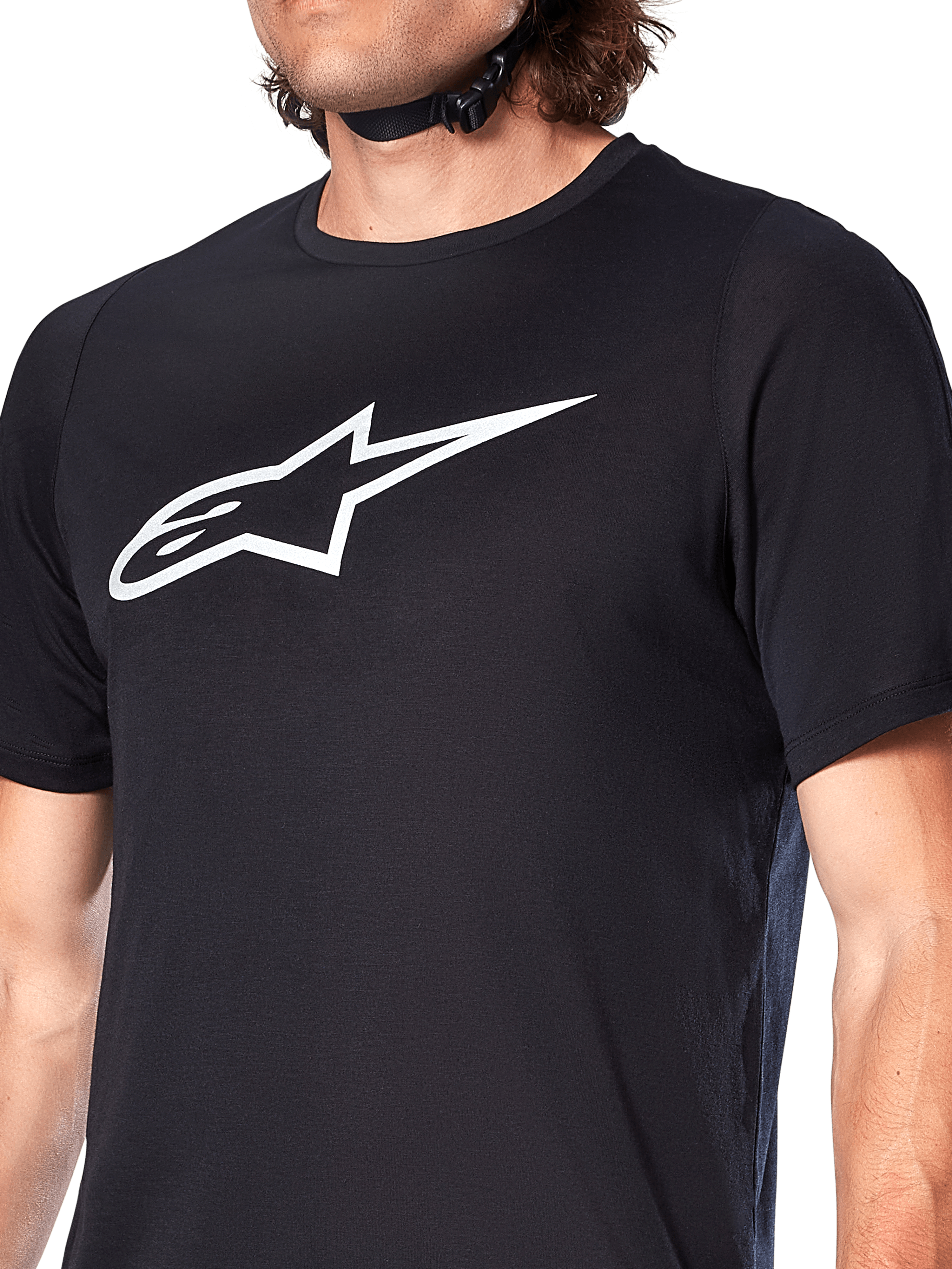 Alpinestars A-Dura Dri Oscar Jersey, camisola de MTB de manga curta, preto refletor, com um logótipo Alpinestars grande em branco no peito, tecido técnico de gestão de humidade para BTT