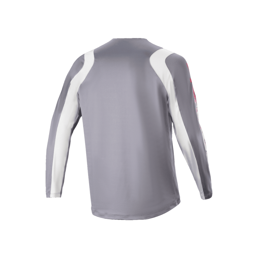 Camisola de Manga Comprida Alpinestars A-Supra Astar, cinzento escuro e branco, vista traseira mostrando textura de malha ventilada e cauda mais longa, equipamento de ciclismo de performance para MTB