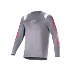 Alpinestars A-Supra Astar Jersey de Manga Comprida, camisola de MTB cinza escuro com gráficos vermelhos nas mangas e detalhes brancos nos ombros, logótipo Astars branco no peito, vestuário de ciclismo de alta performance para BTT