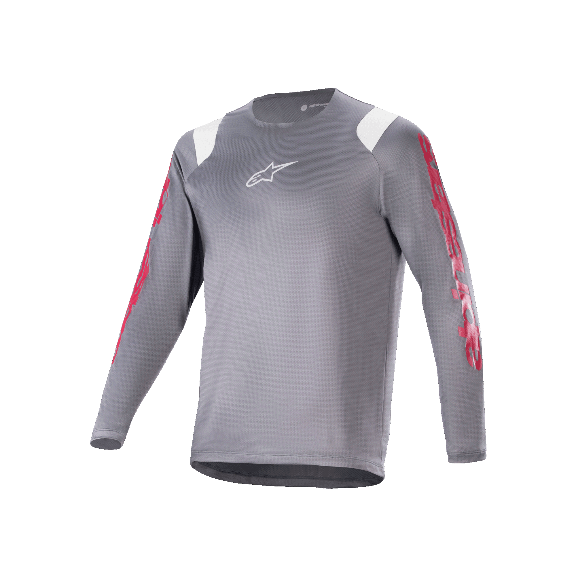 Alpinestars A-Supra Astar Jersey de Manga Comprida, camisola de MTB cinza escuro com gráficos vermelhos nas mangas e detalhes brancos nos ombros, logótipo Astars branco no peito, vestuário de ciclismo de alta performance para BTT