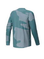 Alpinestars Youth A-Dura Hollow Camo Jersey, camisola de BTT de manga comprida para jovens, verde camuflado Silver Pine, vista traseira com detalhe de logótipo pequeno e cauda mais longa para maior cobertura ao pedalar