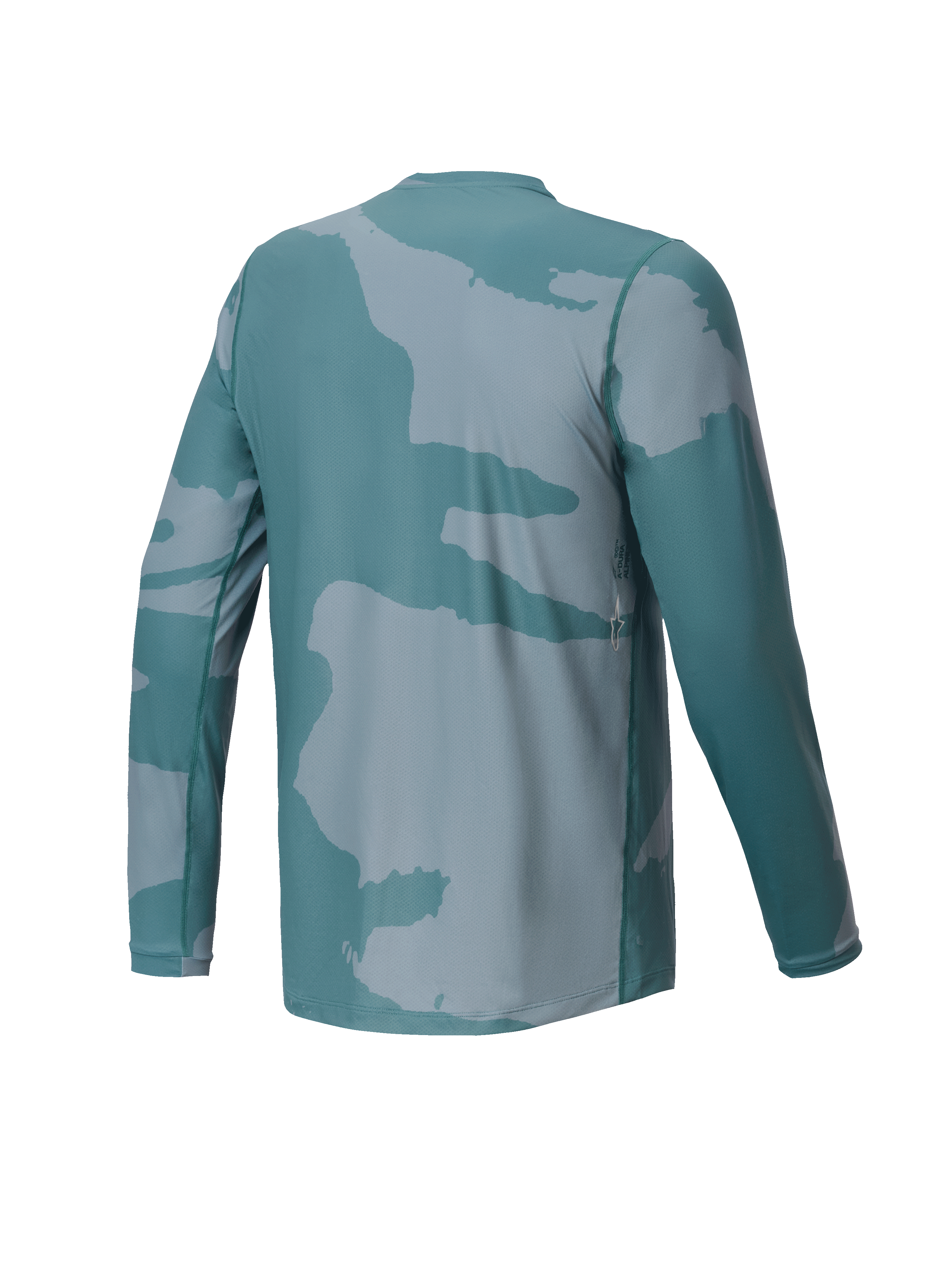 Alpinestars Youth A-Dura Hollow Camo Jersey, camisola de BTT de manga comprida para jovens, verde camuflado Silver Pine, vista traseira com detalhe de logótipo pequeno e cauda mais longa para maior cobertura ao pedalar