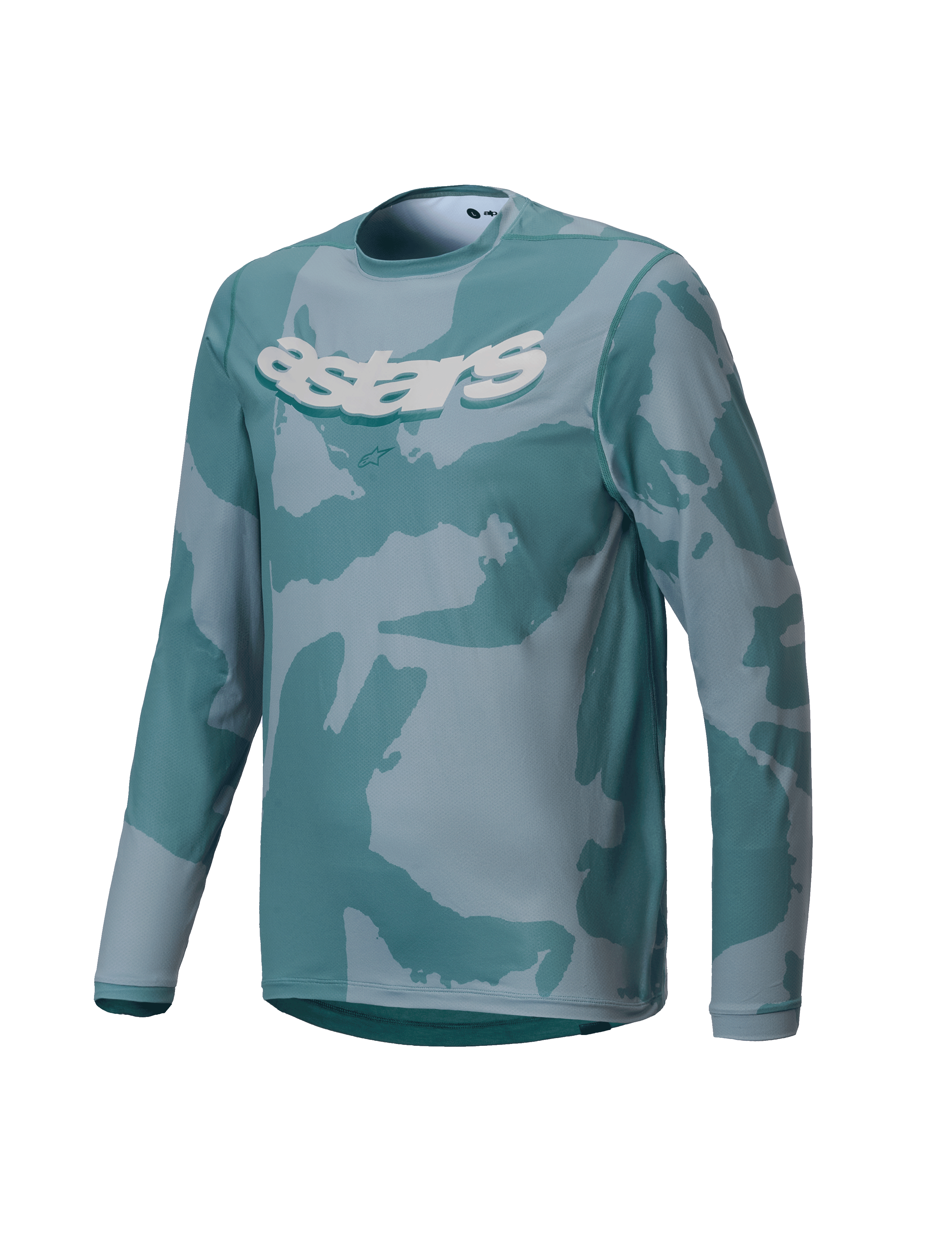 Alpinestars Youth A-Dura Hollow Camo Jersey, camisola de BTT de manga comprida, padrão de camuflagem Silver Pine com tons de azul-petróleo e cinzento, logótipo astars branco em destaque no peito, tecido de alta performance para a prática de trilhos para jovens