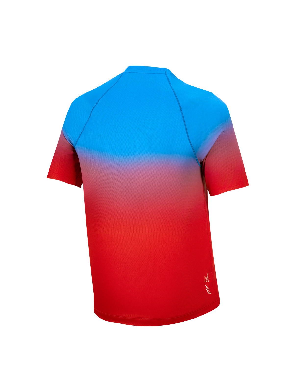 Jersey MTB Juventude A-Dura Astars 2.0, gradiente vermelho vivo e azul, manga curta, vista de trás do equipamento técnico.