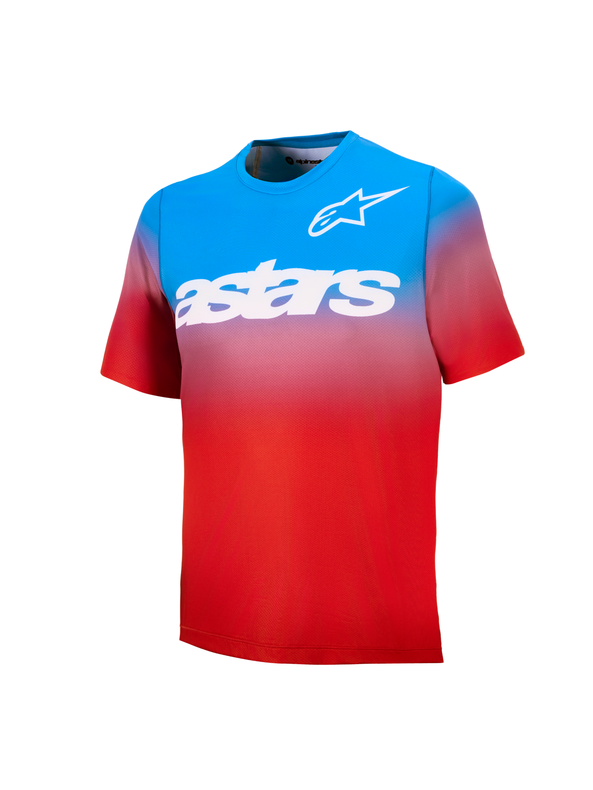 Juventude A-Dura Astars Jersey 2.0, camisola de BTT de manga curta, gradiente azul e vermelho com logótipos brancos.