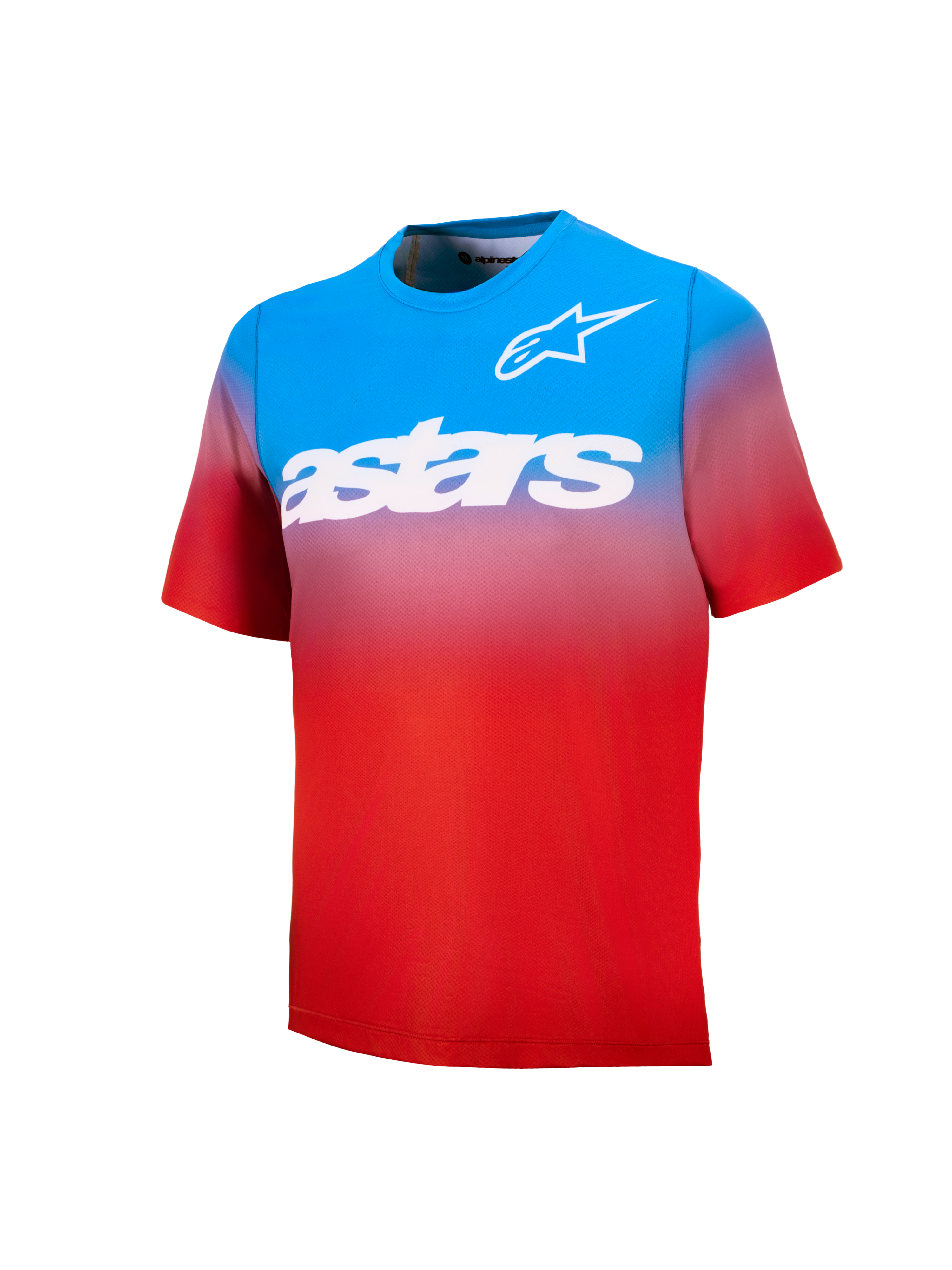 Juventude A-Dura Astars Jersey 2.0, camisola de BTT de manga curta, gradiente azul e vermelho com logótipos brancos.