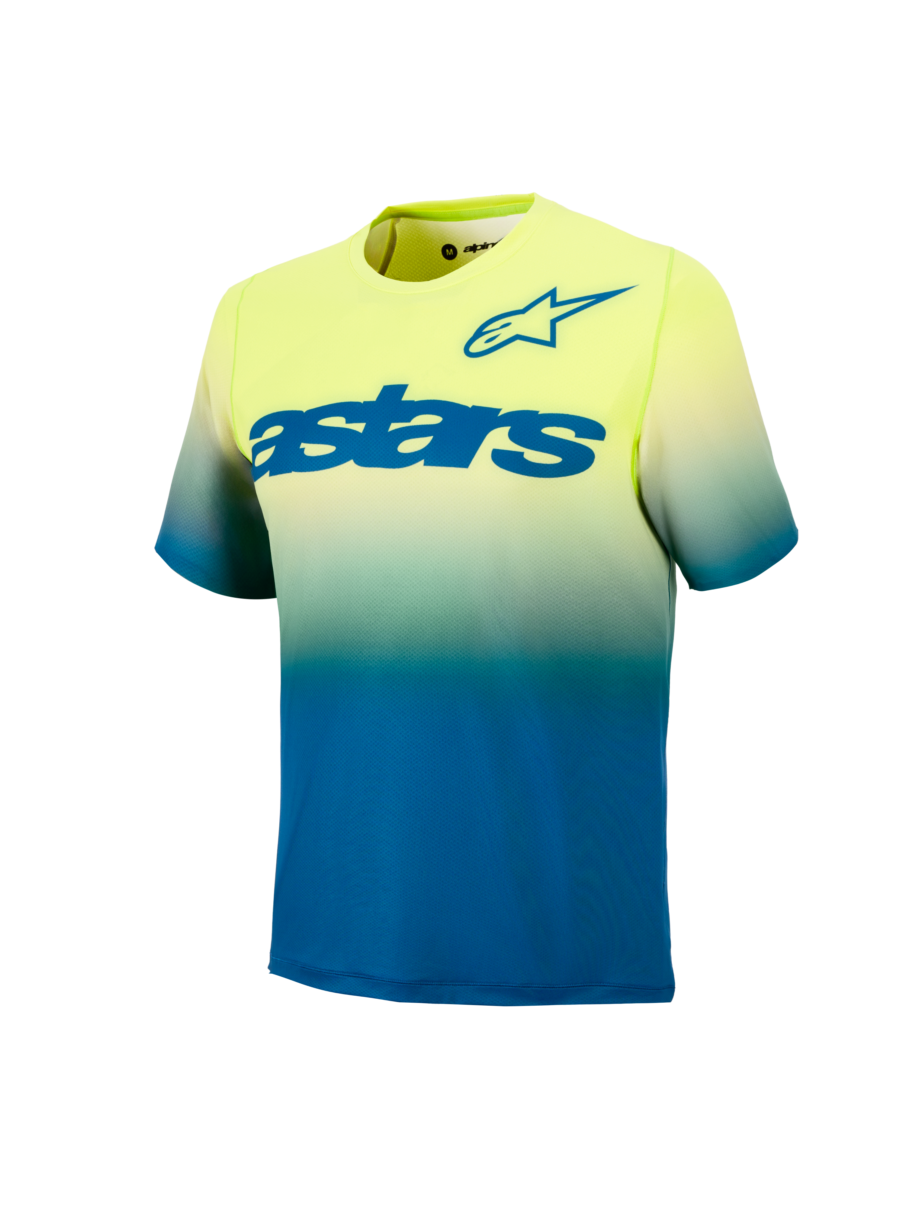 Alpinestars Juventude A-Dura Astars Jersey 2.0, camisola de BTT em gradiente amarelo e azul com logótipos frontais.