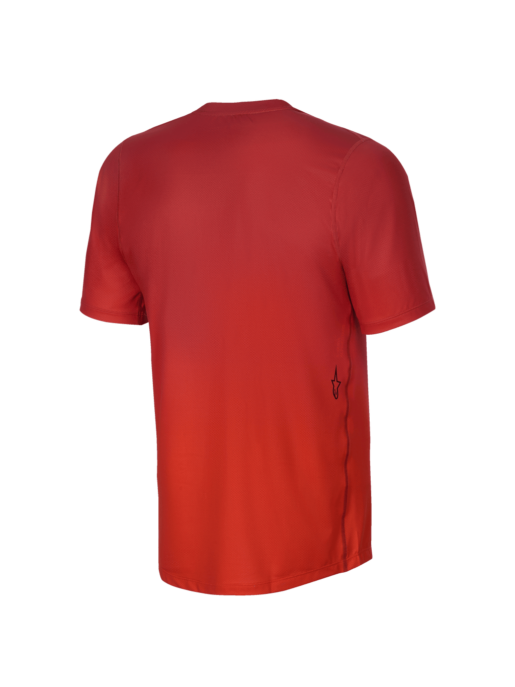 Alpinestars Camisola de Manga Curta Youth A-Dura Rise, vista traseira, Spicy Orange, com textura de tecido jacquard, um pequeno logótipo Astars preto na parte lateral inferior e uma bainha traseira mais comprida para cobertura em BTT.