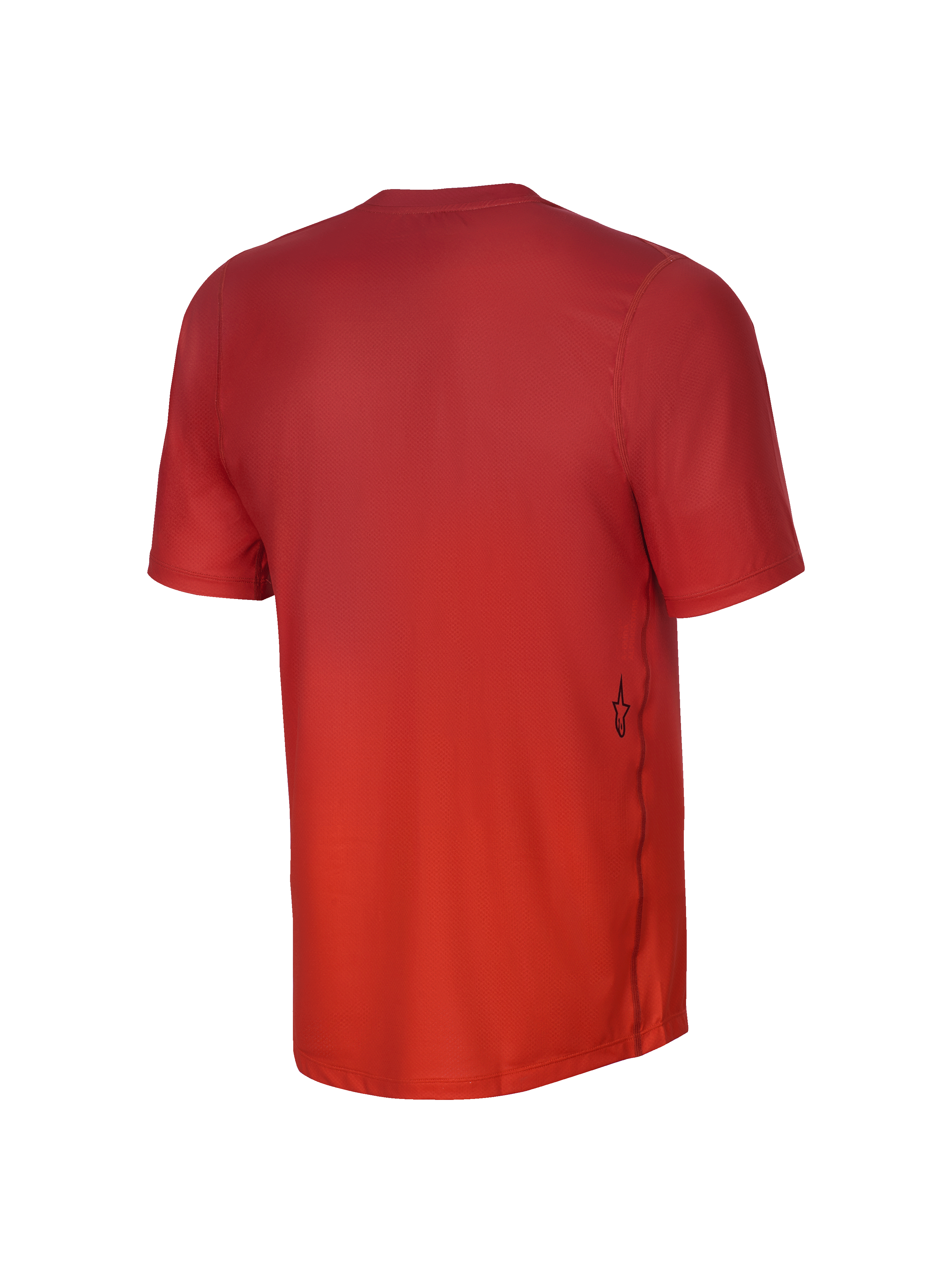 Alpinestars Camisola de Manga Curta Youth A-Dura Rise, vista traseira, Spicy Orange, com textura de tecido jacquard, um pequeno logótipo Astars preto na parte lateral inferior e uma bainha traseira mais comprida para cobertura em BTT.