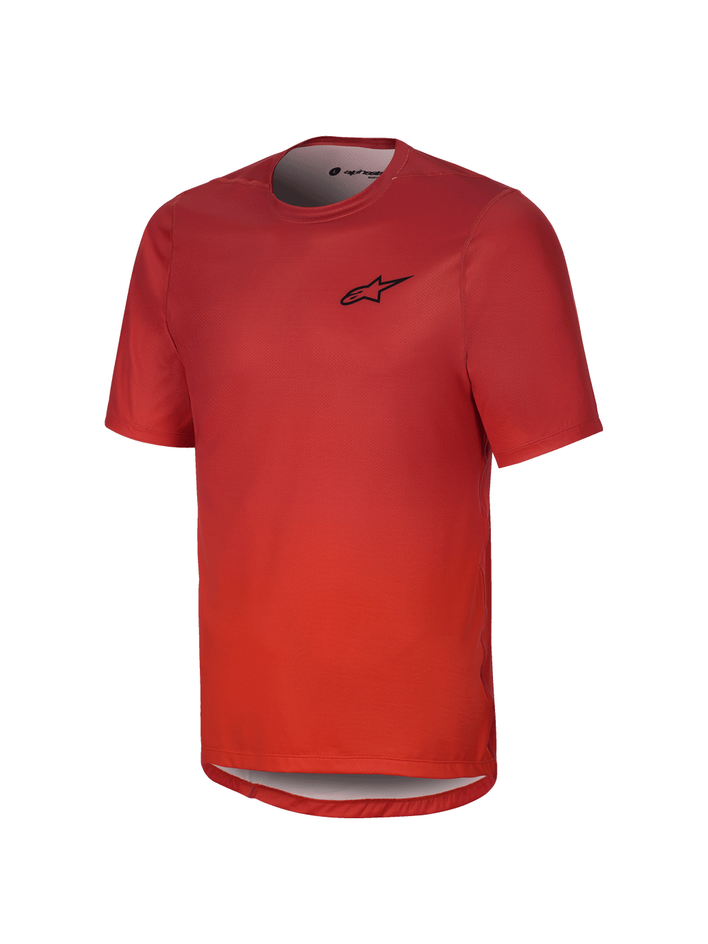 Alpinestars Youth A-Dura Rise Short Sleeve Jersey, cor Spicy Orange, com logótipo preto no peito, gola redonda e bainha traseira mais comprida, tecido jacquard respirável para ciclismo de montanha