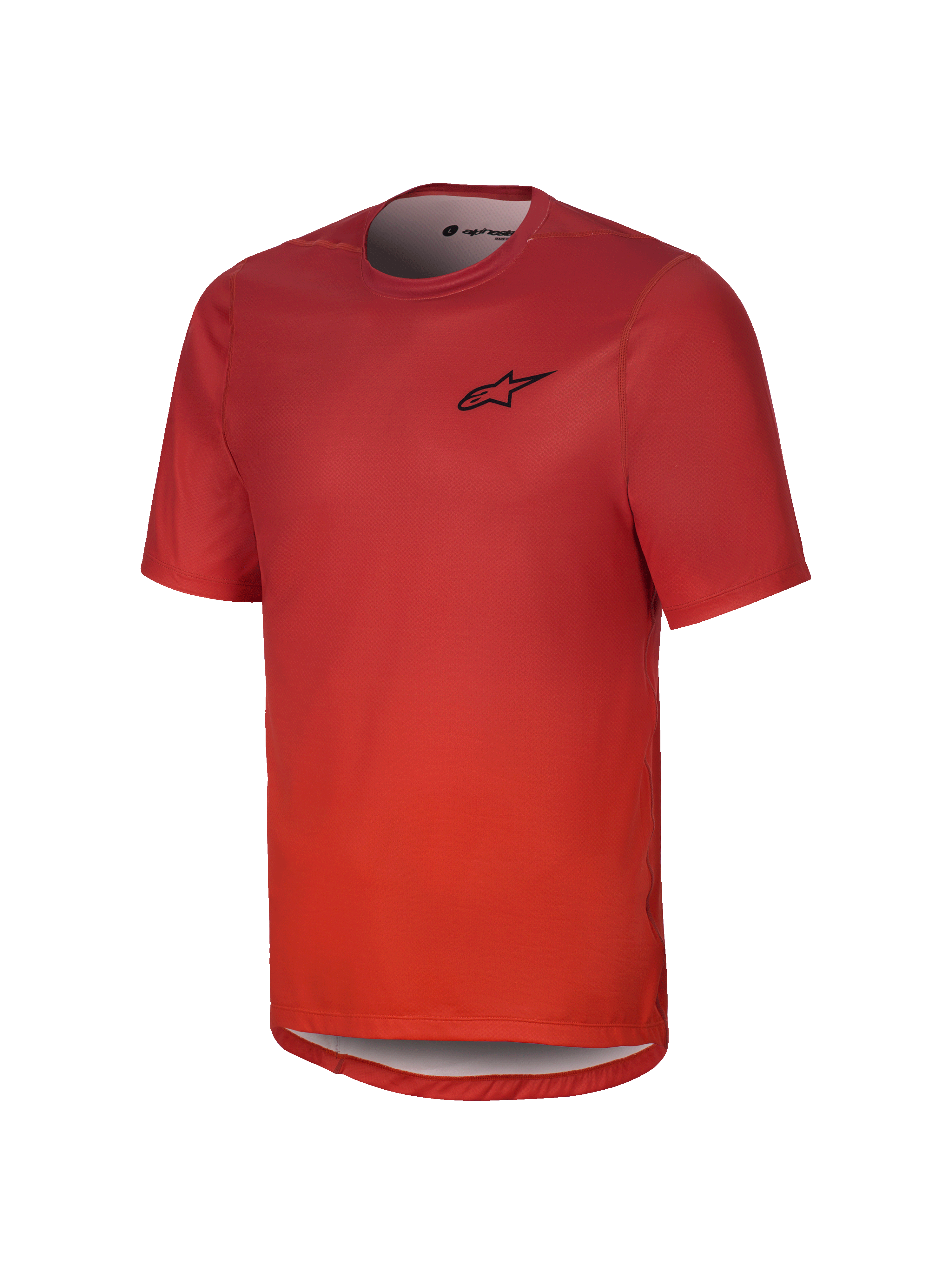 Alpinestars Youth A-Dura Rise Short Sleeve Jersey, cor Spicy Orange, com logótipo preto no peito, gola redonda e bainha traseira mais comprida, tecido jacquard respirável para ciclismo de montanha