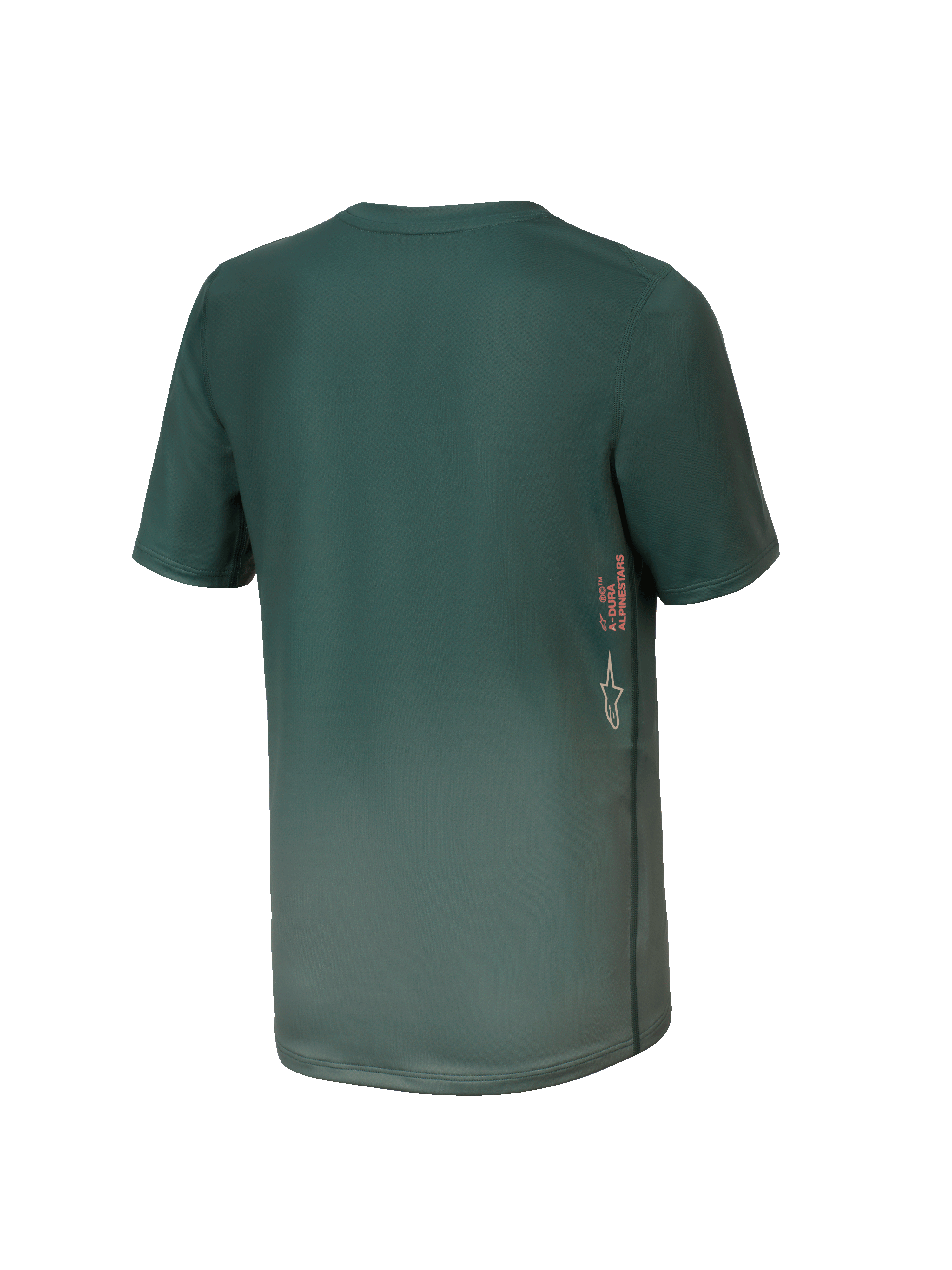 Alpinestars Youth A-Dura Rise Jersey, camisola de MTB de manga curta, verde Silver Pine, vista traseira com logótipo Astars e marca A-DURA vertical na lateral, bainha traseira mais comprida, tecido técnico de absorção de humidade
