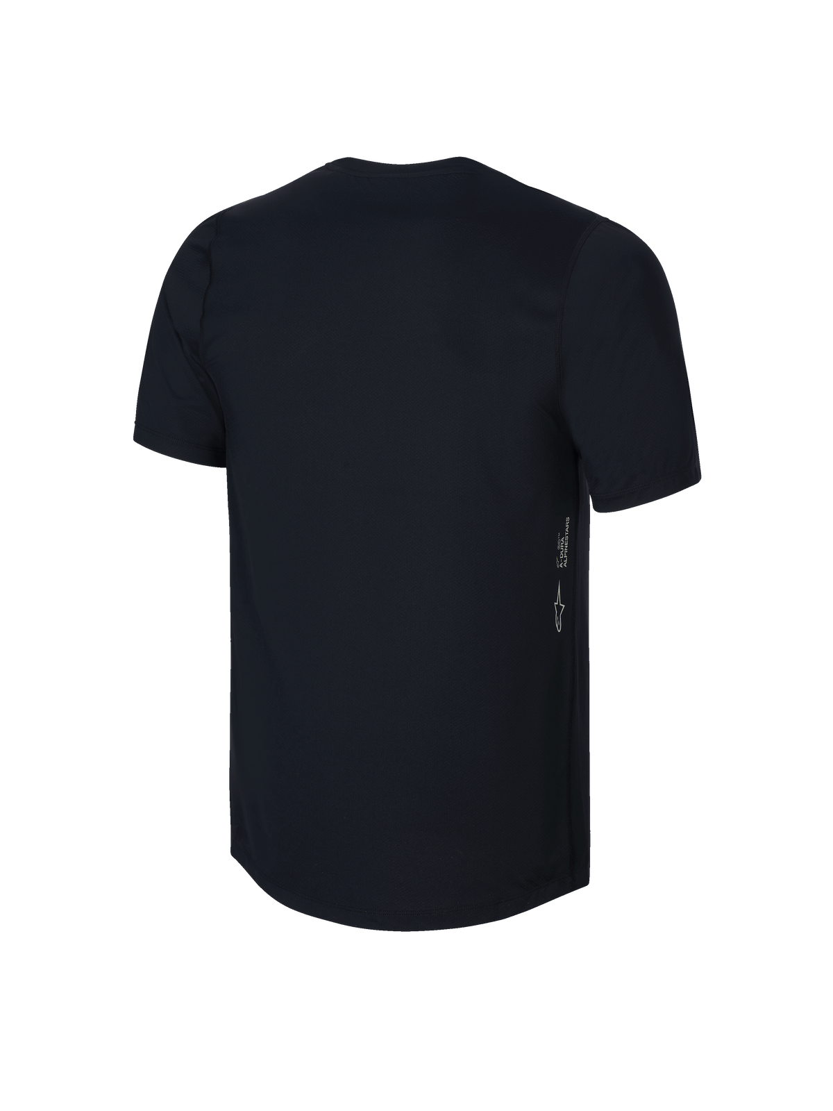 Camisola Alpinestars A-Dura Jovem de Manga Curta, preta, vista traseira com logótipo Astars vertical e branding A-DURA na lateral, tecido de alto desempenho com absorção de humidade para MTB jovem, design de cauda mais longa para maior cobertura