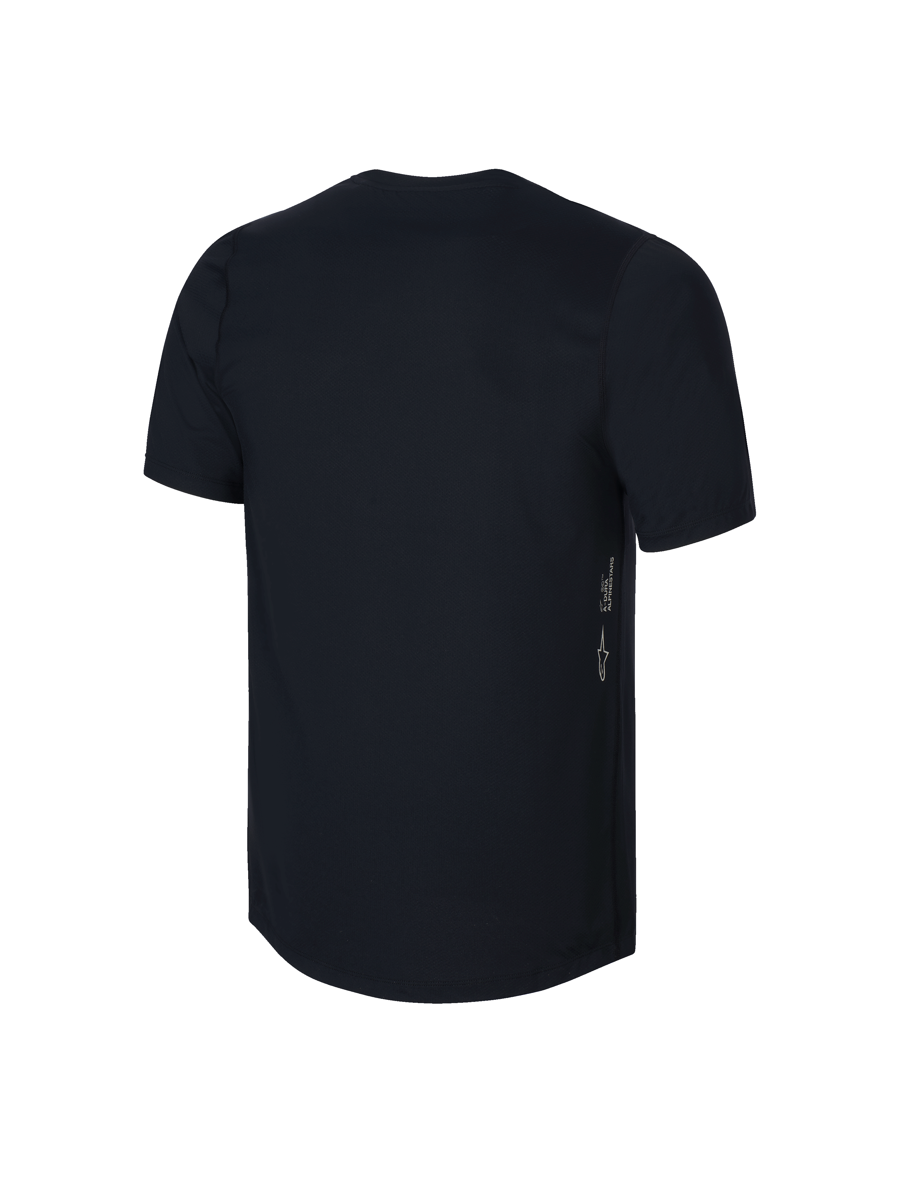 Camisola Alpinestars A-Dura Jovem de Manga Curta, preta, vista traseira com logótipo Astars vertical e branding A-DURA na lateral, tecido de alto desempenho com absorção de humidade para MTB jovem, design de cauda mais longa para maior cobertura