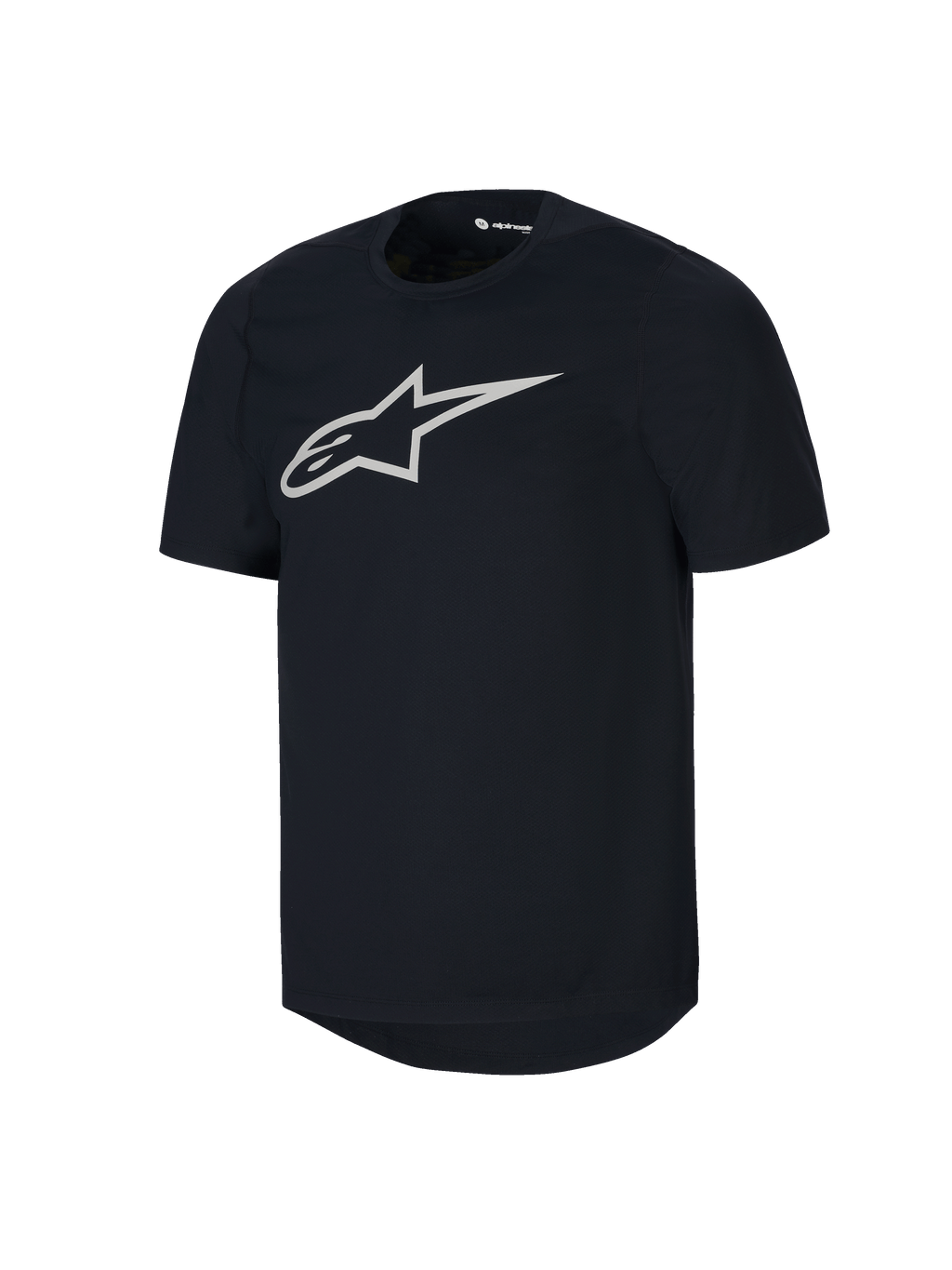 Alpinestars Youth A-Dura Jersey de Manga Curta, camisola de BTT preta, grande logótipo Astars branco no peito, design de gola redonda, vestuário de performance casual para ciclismo de montanha