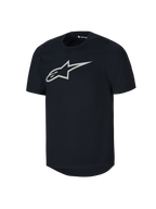 Alpinestars Youth A-Dura Jersey de Manga Curta, camisola de BTT preta, grande logótipo Astars branco no peito, design de gola redonda, vestuário de performance casual para ciclismo de montanha