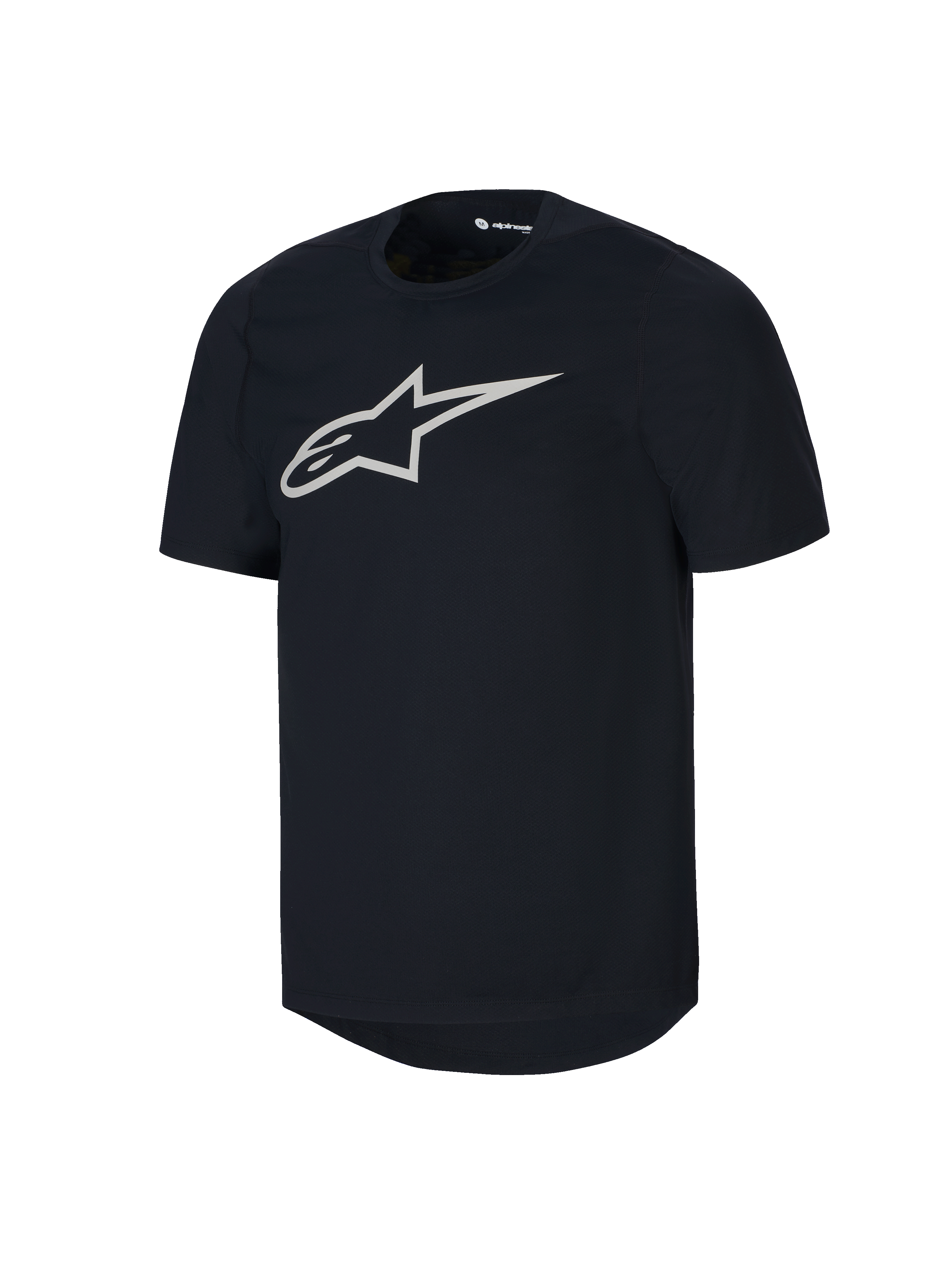 Alpinestars Youth A-Dura Jersey de Manga Curta, camisola de BTT preta, grande logótipo Astars branco no peito, design de gola redonda, vestuário de performance casual para ciclismo de montanha