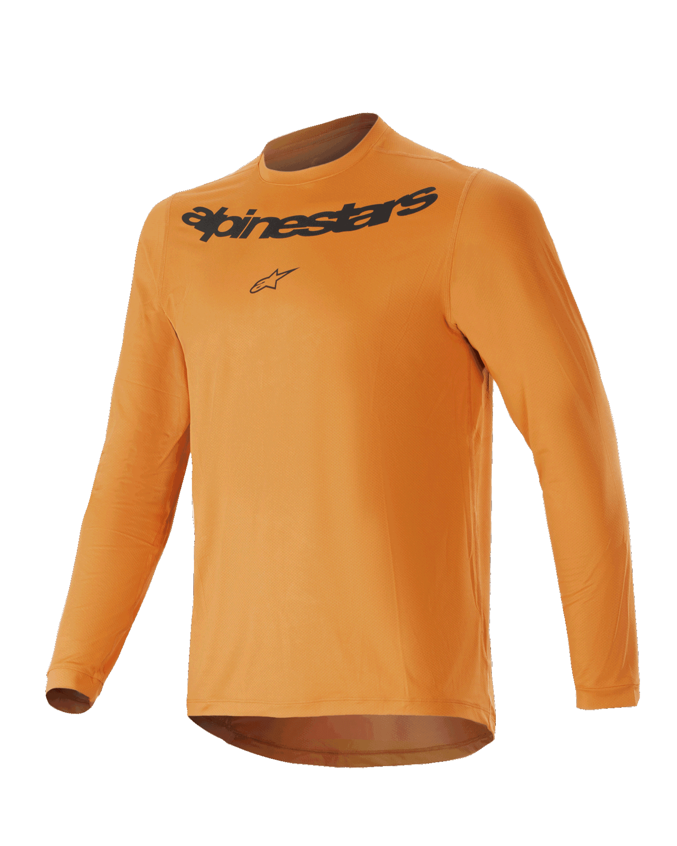 Alpinestars Youth A-Dura Rocker Jersey de manga comprida, dourado escuro, com o logótipo e nome da marca Alpinestars em preto no peito, gola redonda, bainha traseira mais comprida, vestuário de performance leve para BTT