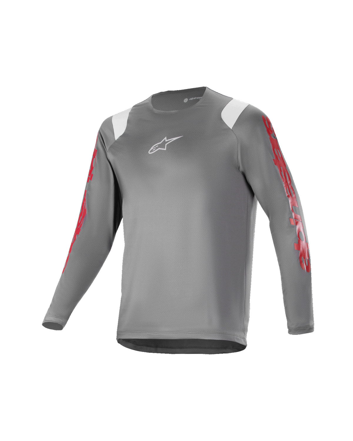 Alpinestars Youth A Supra Astar Jersey, camisola de manga comprida para jovens, cinzenta escura com detalhes brancos nos ombros e marca vermelha nas mangas, logótipo branco no peito, tecido técnico respirável, gola redonda, corte atlético de alta performance para mountain biking