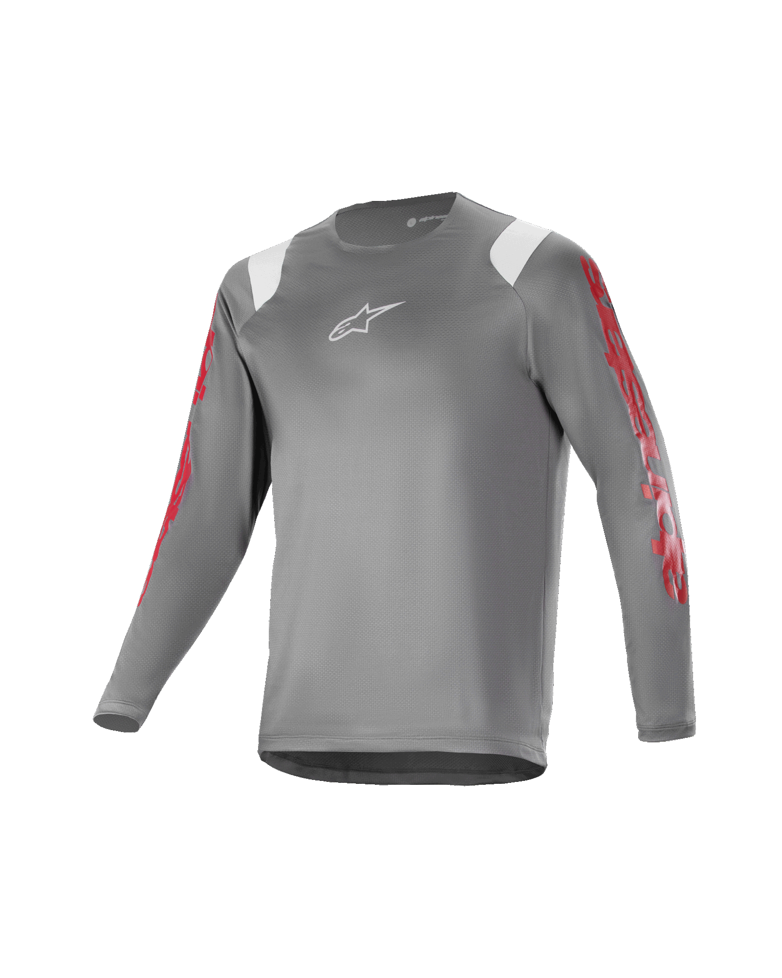 Alpinestars Youth A Supra Astar Jersey, camisola de manga comprida para jovens, cinzenta escura com detalhes brancos nos ombros e marca vermelha nas mangas, logótipo branco no peito, tecido técnico respirável, gola redonda, corte atlético de alta performance para mountain biking