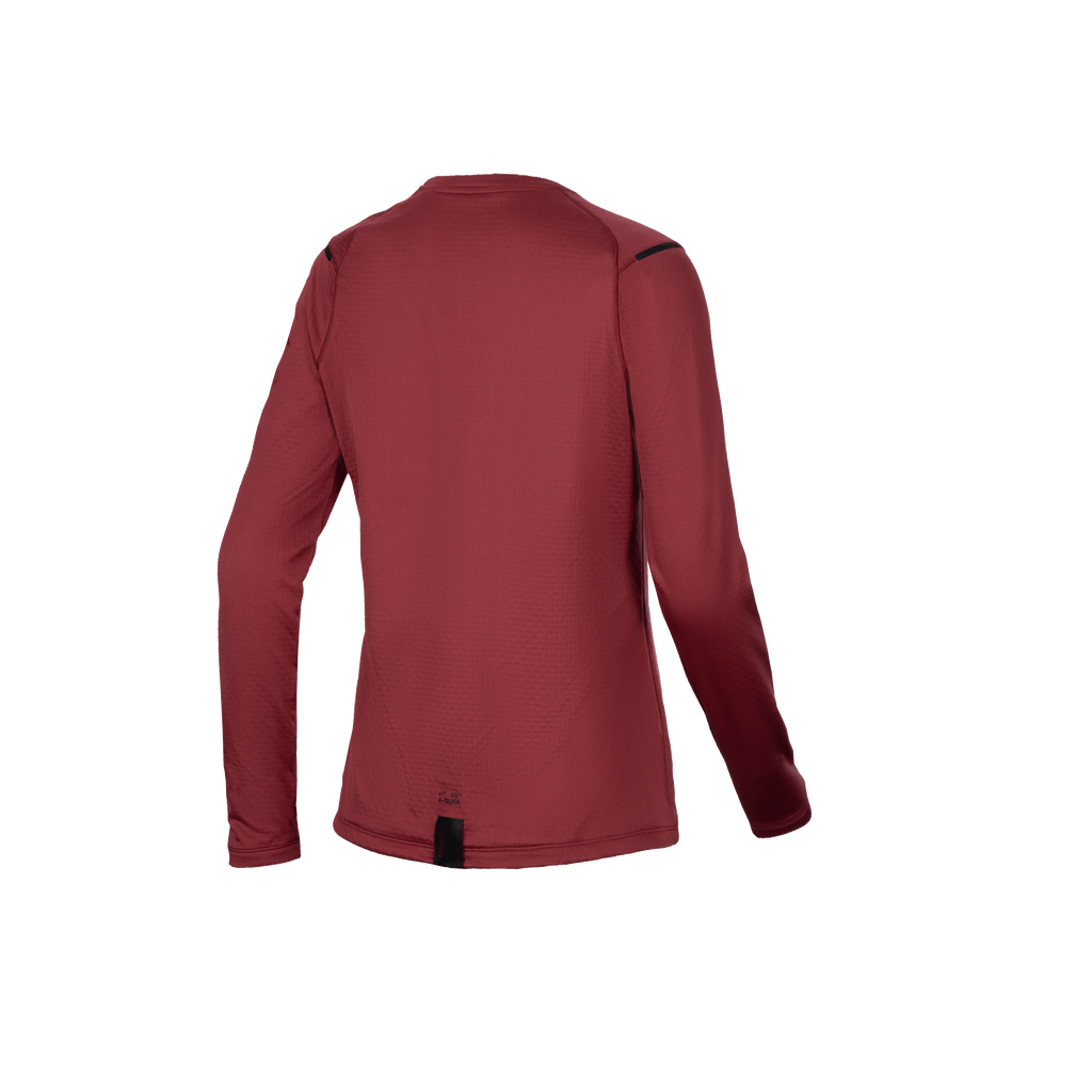 Alpinestars Stella A-Dura Thermal Jersey, camisola térmica de manga comprida de MTB para mulher, vista traseira com cauda alongada, cor burgonha, forro polar isolante para ciclismo de montanha em climas frios