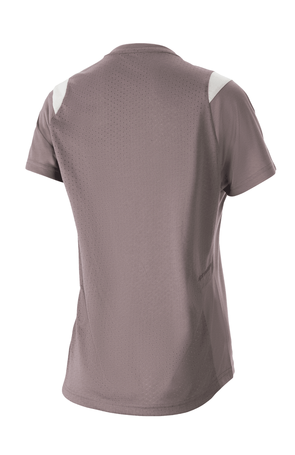 Camisola Alpinestars Stella Alps Escape de manga curta para mulher, cinzento Sparrow com detalhes brancos nos ombros, vista traseira mostrando malha perfurada extensa para ventilação, tecido DriRelease que absorve a humidade, vestuário de BTT para mulher