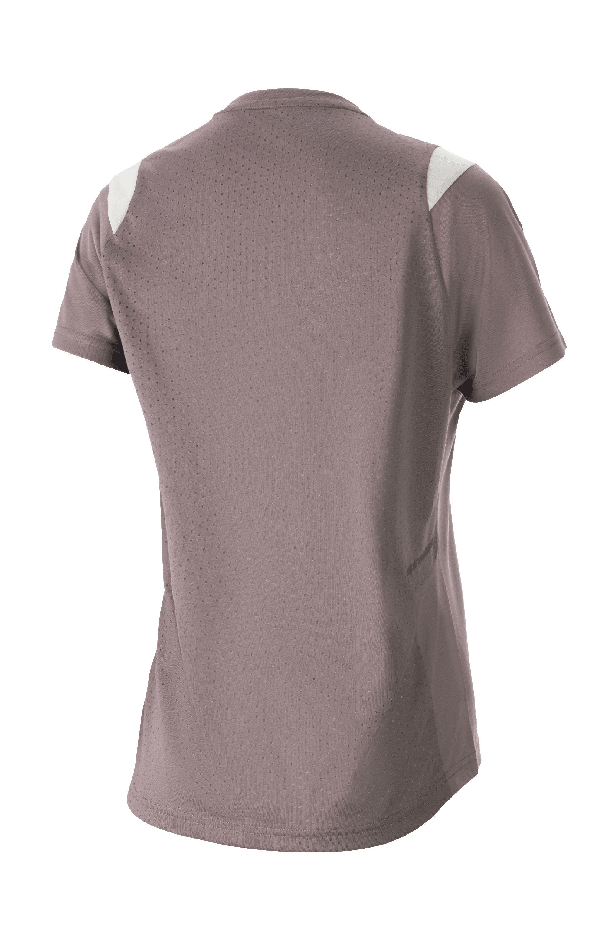 Camisola Alpinestars Stella Alps Escape de manga curta para mulher, cinzento Sparrow com detalhes brancos nos ombros, vista traseira mostrando malha perfurada extensa para ventilação, tecido DriRelease que absorve a humidade, vestuário de BTT para mulher